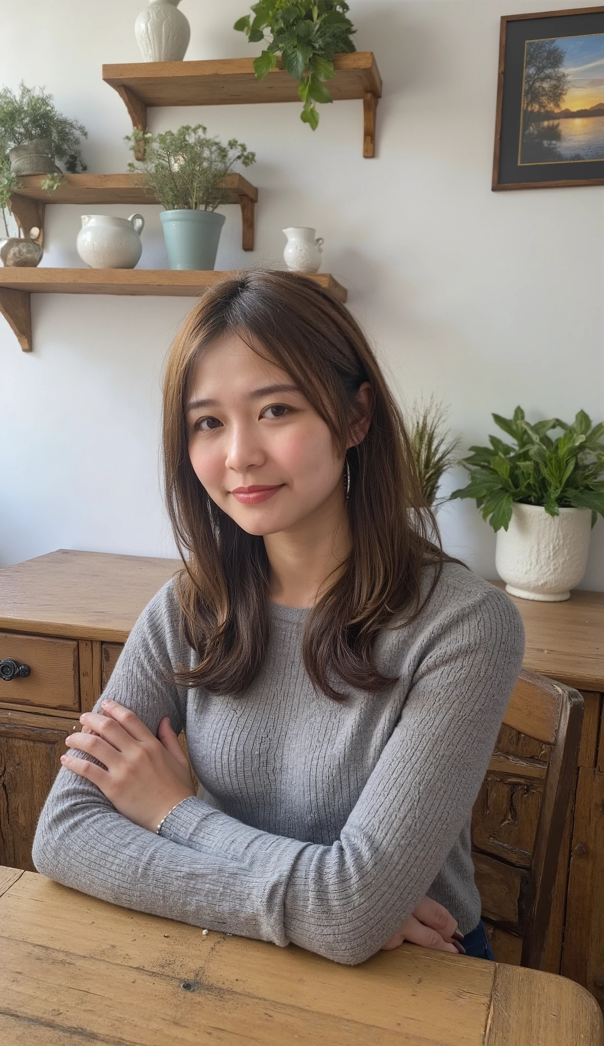A cozy indoor setting featuring a young woman sitting at a wooden table. She has long, wavy, light brown hair falling naturally over her shoulders and is wearing a fitted, long-sleeved gray top. Her expression is warm and relaxed, with a slight smile, and her head is slightly tilted as she looks directly at the camera. A silver bracelet is visible on her right wrist, resting on the table.
The background includes rustic wooden shelves mounted on a white wall, decorated with small potted plants, a white teapot, and a textured ceramic vase. To the right of the shelves, there is a framed painting of a serene landscape, showing a sunset or sunrise over a body of water surrounded by trees. Below the painting, a carved wooden cabinet adds to the cozy, rustic ambiance.
The lighting is soft and natural, creating a warm and inviting atmosphere with earthy tones and a relaxed mood.