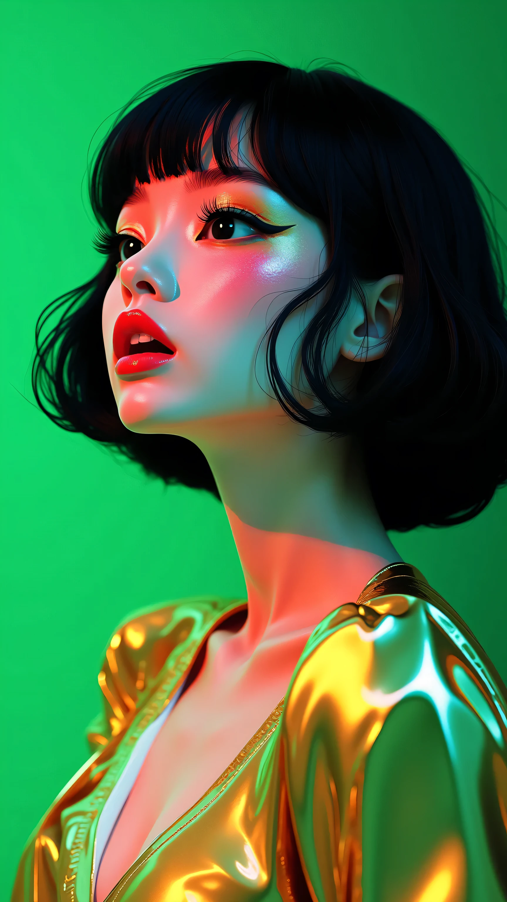 80’s glam rock makeup on shiny face, asian girl, anime, 2.5D, moody lighting, (green, pink, gold), pretty, sexy, minimal, sleek, slender, asian, elegant, futuristic, retro, sophisticated half human half machine, mouth open wide, Kizi,(eyes looking off to side), Highly detailed, Amazing work,Vitreous luster, blues, yellows, Best quality at best,shiny skin, no background, colorful background, green background, pink background, gold, background, plunging neckline, sexy pose, dynamic pose, heavy blushing, huge breasts, cleavage, full body, thigh highs,