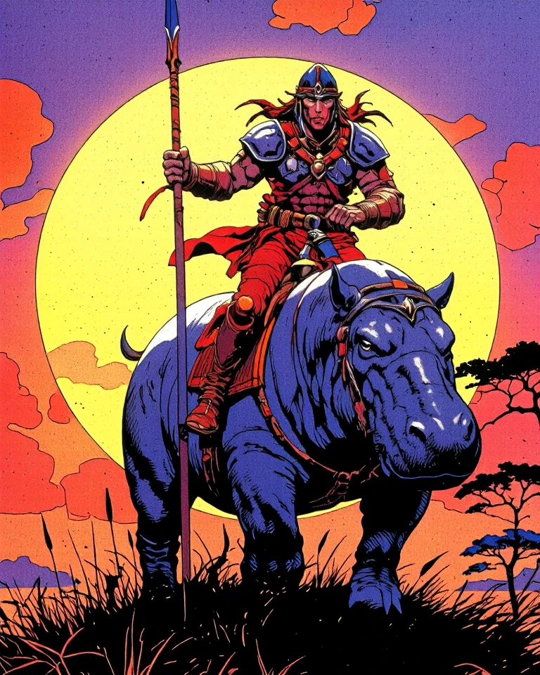 A vibrant, highly detailed, and dramatic painting. (80s Style), (Noise Effect:1.3), (VHS Grain Effect:1.2) Art style by Noriyoshi Ohrai, Art style by Moebius Jean Giraud, (masterpiece, 4k ,ultra detailed,raw photo:1.2),illustration,(symmetry:1.2),(art deco:1.4),(minimalism:1.4),(clean:1.4),(flat_color:1.4), k, HDR, highly detailed, ultra sharp
An ancient African warrior, adorned with intricate tribal armor and a headdress of feathers, fiercely charging into battle atop a majestic gray hippopotamus. The hippopotamus's powerful muscles ripple with each determined stride it takes, its eyes reflecting the intensity of the impending conflict. The warrior's right hand clutches a gleaming spear with a sharp, pointed tip, poised to strike with the precision of a seasoned combatant. His left hand is firmly grasping the saddle strap, ensuring balance and control over the formidable beast. The background unfolds into a vast panorama of the untamed African savanna, with tall grasses swaying in the gentle evening breeze and acacia trees standing tall like sentinels on the horizon. The sky above them is a breathtaking canvas of fiery oranges and deep purples, as the sun dips below the horizon, casting long shadows across the landscape. The scene exudes an aura of imminent danger and unyielding valor, as the warrior and his steed become silhouettes against the backdrop of the majestic sunset. This dramatic tableau encapsulates the indomitable spirit of ancient African warfare and the profound bond between human and beast in the face of adversity.