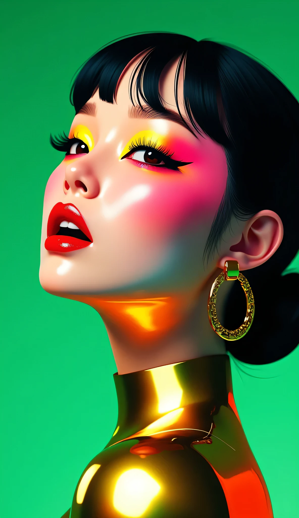 80’s glam rock makeup on shiny face, asian girl, anime, 2.5D, moody lighting, (green, pink, gold), pretty, sexy, minimal, sleek, slender, asian, elegant, futuristic, retro, sophisticated half human half machine, mouth open wide, Kizi,(eyes looking off to side), Highly detailed, Amazing work,Vitreous luster, blues, yellows, Best quality at best,shiny skin, no background, colorful background, green background, pink background, gold, background, plunging neckline, sexy pose, dynamic pose, heavy blushing, huge breasts, cleavage, full body, thigh highs,