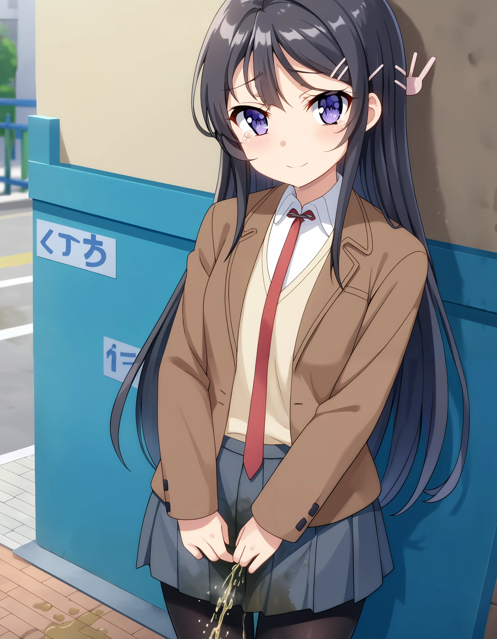 Masterpiece, hd,  1girl, solo, closed mouth, light smile, light blush, long hair, black hair, purple eyes, hairclip, rabbit hair ornament, Mai Sakurajima, blazer, open jacket, brown jacket, yellow vest, white shirt, long sleeves, red necktie, pleated skirt, grey skirt, black pantyhose, brown shoes, fullbody, thigh gap, standing, looking at viewer, cowboy shot, outdoor, holding pee, holding crotch,  peeing self, peeing girl, pee stain, pee stream, dirty skirt, puddle of pee, blush, opened mouth, sad expression, crying, blush