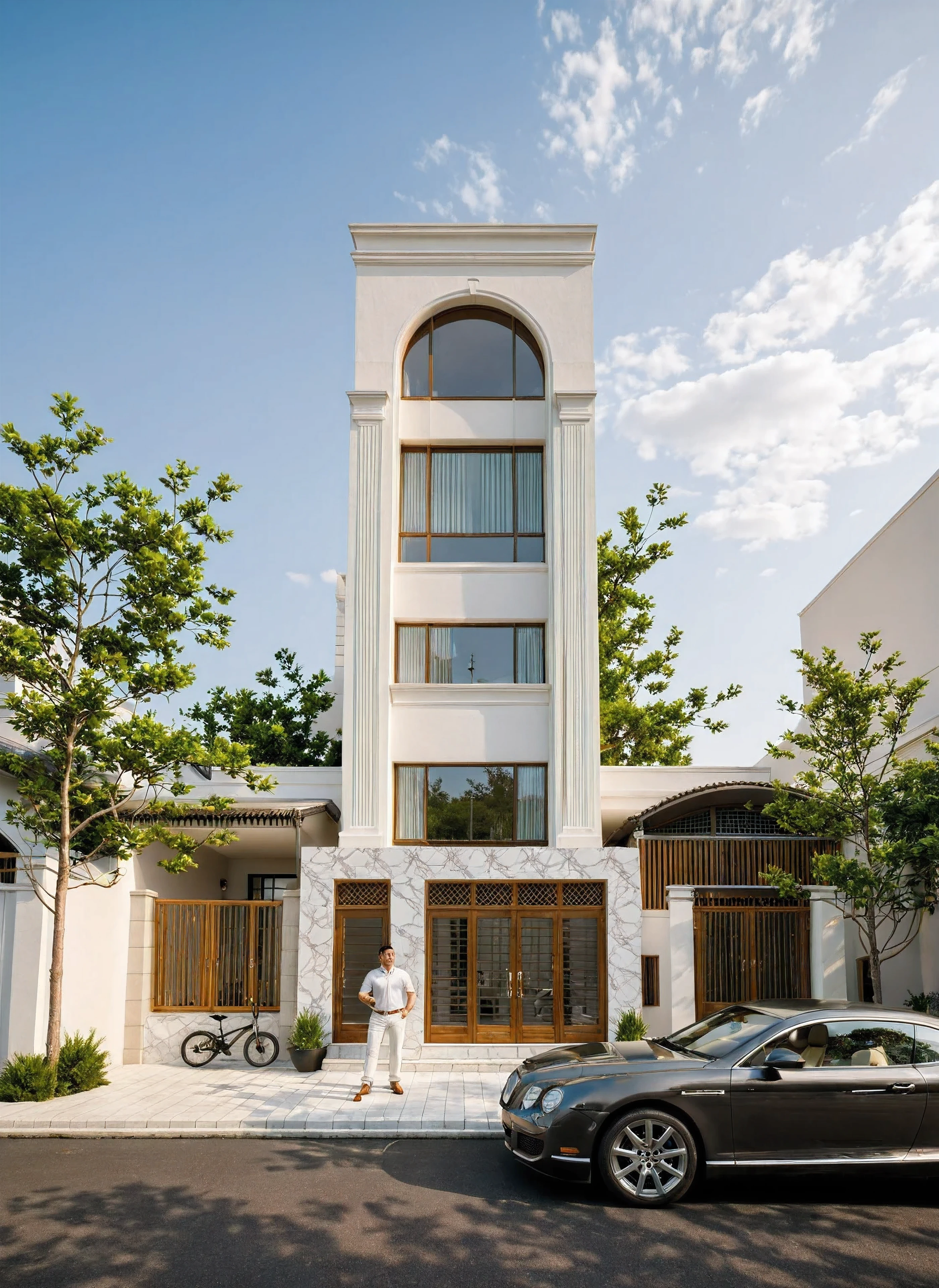 The image depicts a neoclassical two-story house with a white facade and tiled roof. Key features include:

- **Structure and Design:** Rectangular shape, elegant neoclassical details like decorative moldings and a small balcony.
- **Roof:** Dark-colored tiled roof with decorative finials.
- **Entrance:** Large arched doorway with carved wooden double doors and formal steps.
- **Windows:** Dark-framed, regularly spaced for symmetry.
- **Balcony:** Ornate metal railing and space for potted plants, covered by a white pergola.
- **Landscaping:** Greenery including trees and shrubs softens the architecture; stylized trees near the entrance.
- **Wall and Gate:** Low decorative wall encloses the property with a likely gate for access.

Overall, the house exudes classic elegance, complemented by landscaping and promotional context in Vietnamese., Best Quality,Masterpiece, UHD, 8k, Stunning,Eye-catching,Sharp edge render, Award winner design in 2024, Photorealistic, High-Resolution, Detailed, Accurate, Vibrant, Dynamic Lighting, Textured, Perspective, Atmospheric, Contextual, Balanced Composition, Material Realism, Interactive, Immersive, Narrative, Minimalist