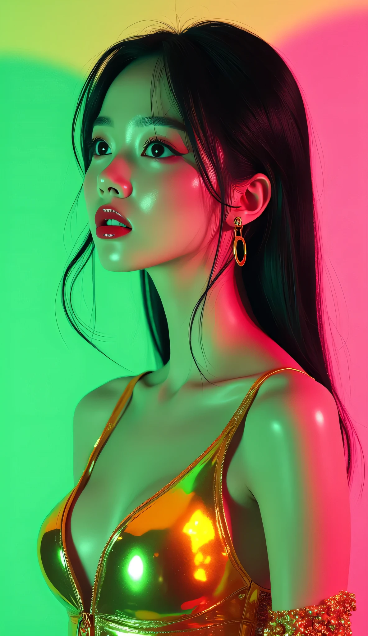 80’s glam rock makeup on shiny face, asian girl, anime, 2.5D, moody lighting, (green, pink, gold), pretty, sexy, minimal, sleek, slender, asian, elegant, futuristic, retro, sophisticated half human half machine, mouth open wide, Kizi,(eyes looking off to side), Highly detailed, Amazing work,Vitreous luster, blues, yellows, Best quality at best,shiny skin, no background, colorful background, green background, pink background, gold, background, plunging neckline, sexy pose, dynamic pose, heavy blushing, huge breasts, cleavage, full body, thigh highs,