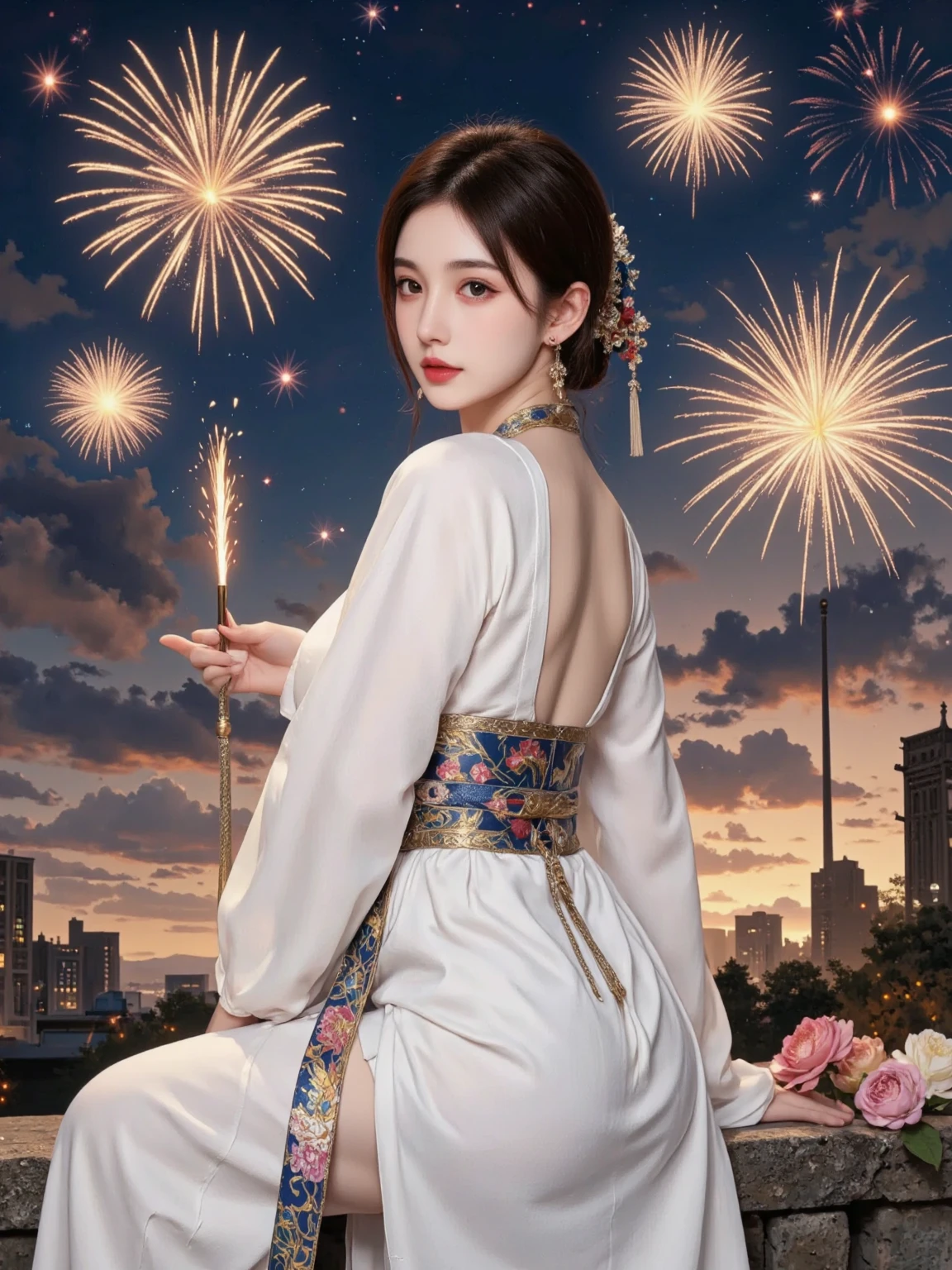 artistic conception，White Space，Rock Color，Gold Leaf， color particles , color curve ，Chen Jialing,Dark Night Glow,Neon colors ，close up， Fireworks blooming in the sky ，Fireworks，(((Back view of a woman)))，( Many little koi float and swim:1.5，Seven color tones，Gold lines ，Shine,Revea,Self-illumination, flowing lines , Master Composition ， Super dreamy colors ，Colorful Lights and Shadows， Extreme Details ，Finely engraved ，8k HD， high quality