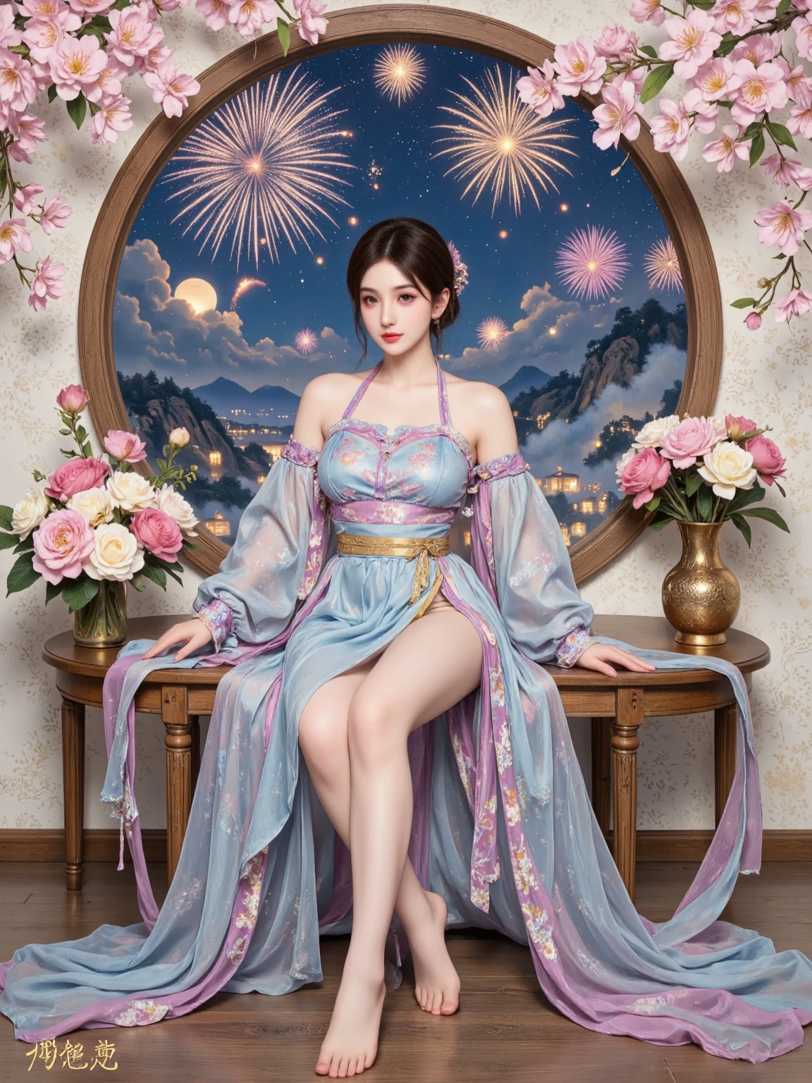 artistic conception，White Space，Rock Color，Gold Leaf， color particles , color curve ，Chen Jialing,Dark Night Glow,Neon colors ，close up， Fireworks blooming in the sky ，Fireworks，(((Back view of a woman)))，( Many little koi float and swim:1.5，Seven color tones，Gold lines ，Shine,Revea,Self-illumination, flowing lines , Master Composition ， Super dreamy colors ，Colorful Lights and Shadows， Extreme Details ，Finely engraved ，8k HD， high quality