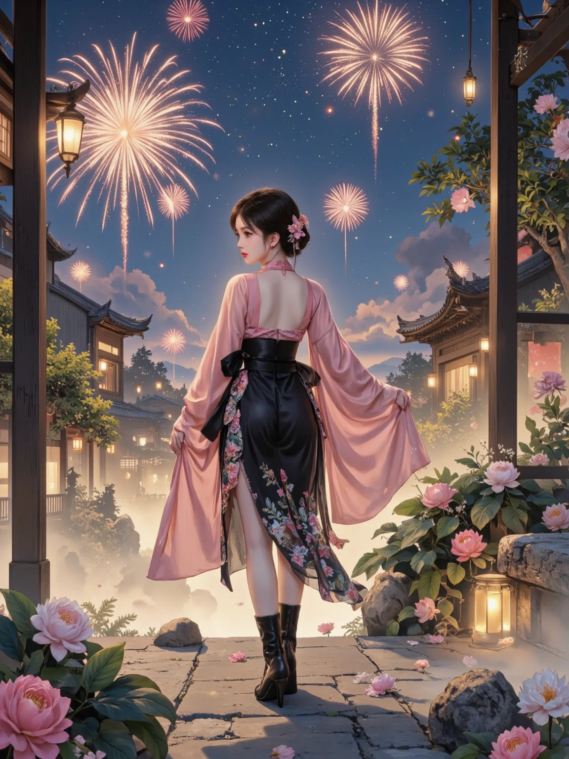 artistic conception，White Space，Rock Color，Gold Leaf， color particles , color curve ，Chen Jialing,Dark Night Glow,Neon colors ，close up， Fireworks blooming in the sky ，Fireworks，(((Back view of a woman)))，( Many little koi float and swim:1.5，Seven color tones，Gold lines ，Shine,Revea,Self-illumination, flowing lines , Master Composition ， Super dreamy colors ，Colorful Lights and Shadows， Extreme Details ，Finely engraved ，8k HD， high quality