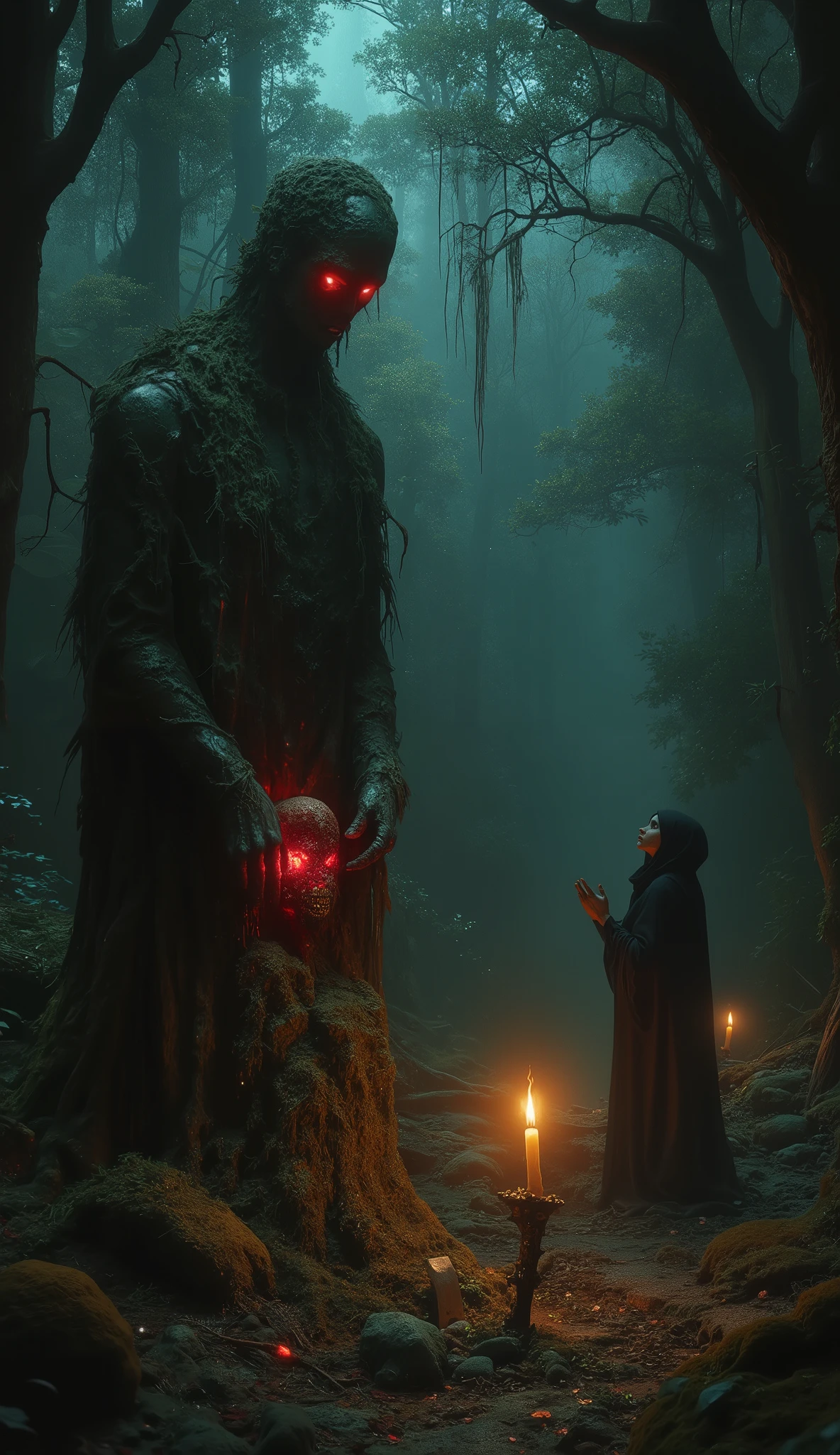 A cursed headless statue deep in the forest, the fallen head resting in its hands, its eyes emitting a frightening red light, the entire statue covered in moss and large trees, the statue being the only light shining on it in the dim forest, a terrifying aura emanating from the statue, suspicious offerings being made, a flame being lit in a suspicious candlestick, the silhouette of a mysterious witch in a black robe from behind with her hands raised to the sky in prayer