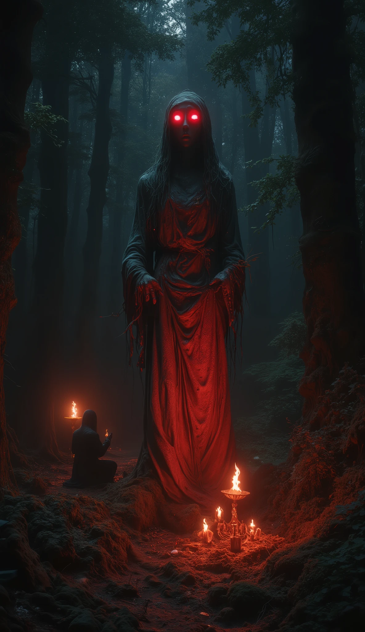 A cursed headless statue deep in the forest, the fallen head resting in its hands, its eyes emitting a frightening red light, the entire statue covered in moss and large trees, the statue being the only light shining on it in the dim forest, a terrifying aura emanating from the statue, suspicious offerings being made, a flame being lit in a suspicious candlestick, the silhouette of a mysterious witch in a black robe from behind with her hands raised to the sky in prayer