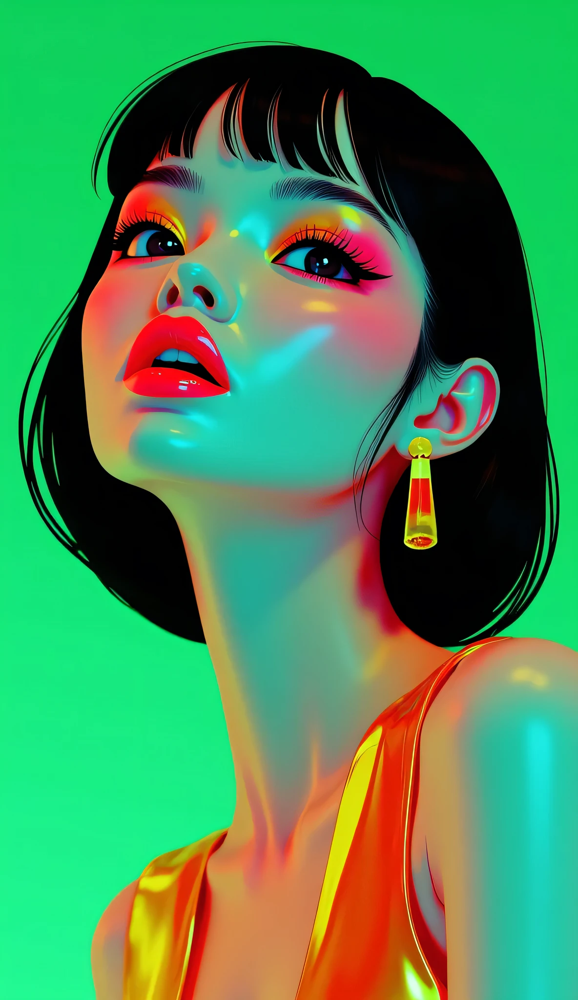 80’s glam rock makeup on shiny face, asian girl, anime, 2.5D, moody lighting, (green, pink, gold), pretty, sexy, minimal, sleek, slender, asian, elegant, futuristic, retro, sophisticated half human half machine, mouth open wide, Kizi,(eyes looking off to side), Highly detailed, Amazing work,Vitreous luster, blues, yellows, Best quality at best,shiny skin, no background, colorful background, green background, pink background, gold, background, plunging neckline, sexy pose, dynamic pose, heavy blushing, huge breasts, cleavage, full body, thigh highs,
