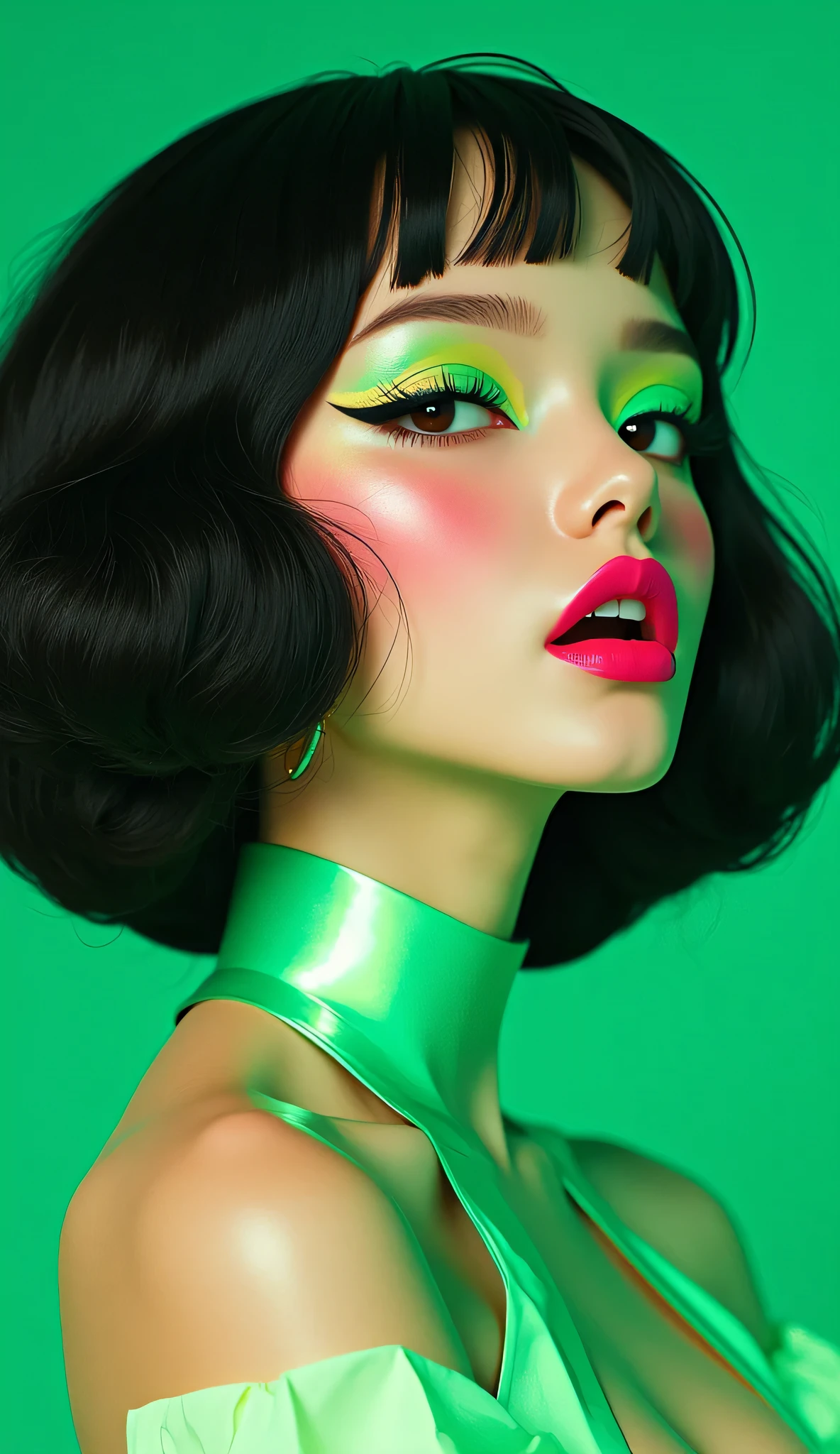 80’s glam rock makeup on shiny face, asian girl, anime, 2.5D, moody lighting, (green, pink, gold), pretty, sexy, minimal, sleek, slender, asian, elegant, futuristic, retro, sophisticated half human half machine, mouth open wide, Kizi,(eyes looking off to side), Highly detailed, Amazing work,Vitreous luster, blues, yellows, Best quality at best,shiny skin, no background, colorful background, green background, pink background, gold, background, plunging neckline, sexy pose, dynamic pose, heavy blushing, huge breasts, cleavage, full body, thigh highs,