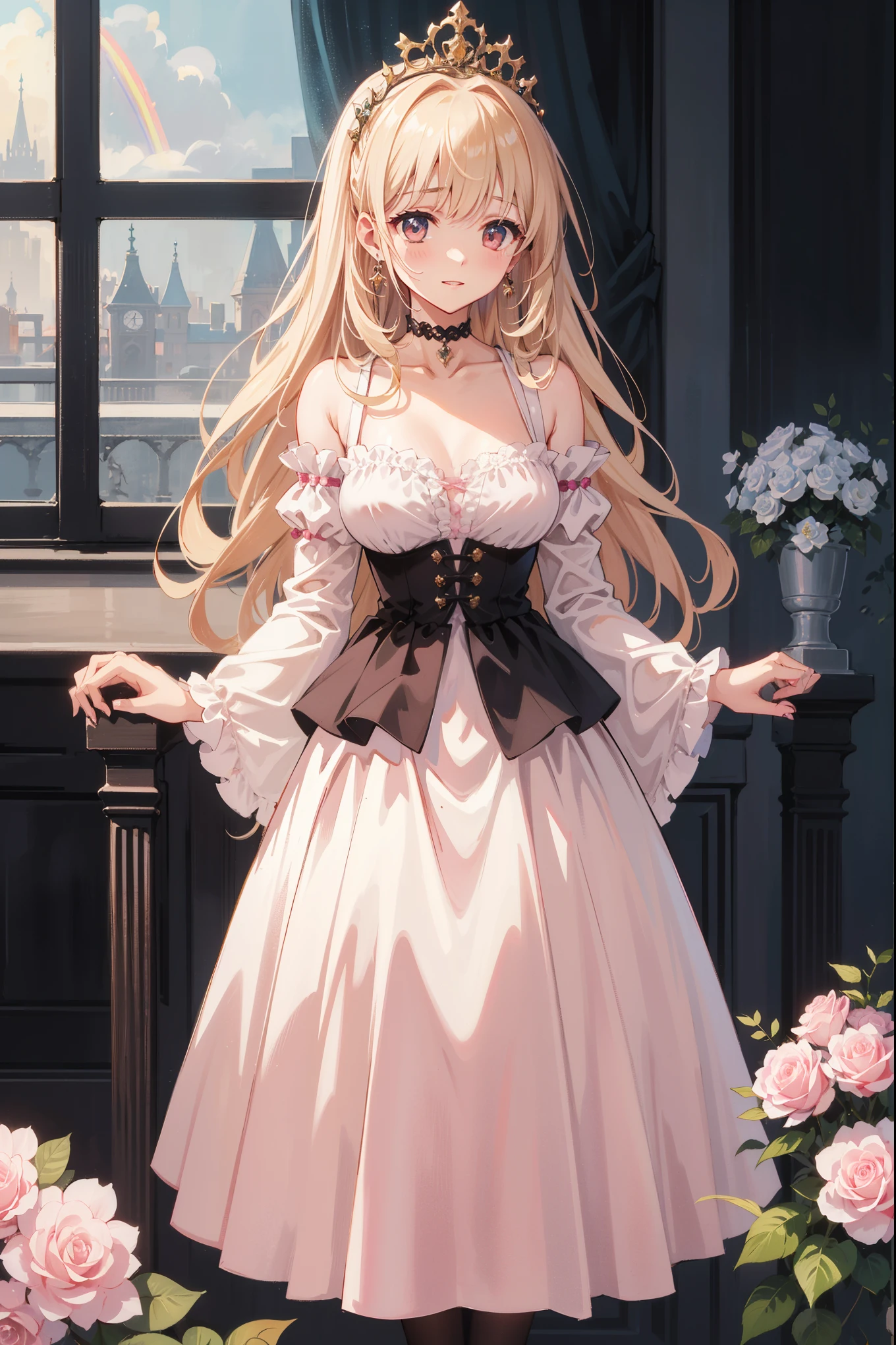 (8k, top quality , Masterpiece : 1.2), Ultra Fine ,, Marie Antoinette , super detailed face ,fine grain, only the entrance to the castle's basement ,( blonde alone ), long hair, wavy hair , break,Rococo Ruffle Dress, long sleeve dress, a long skirt dress placed on a wooden boat , Baroque Dress , intricate fantasy dress , Luxurious and glamorous dress , romantic dress, Frilled Costume ,lottery, Data Style, Formal wear, Fancy Fashion, palate colors include pink and white,( pink:1.5),Class A Smile, Gold Tiara , necklace , sit in a luxurious chair, x} her hands must be tied behind her back ,( rainbow light :1.4),, Profile of a person looking out of a window , The window reflects a rose bush ,(Inside Victoria Palace)、 Her Eyes Are Shining 、 now her blonde alone 's hair extends to her waist 、Rose-colored gradation and three, 薄い pinkのロック. 彼女は花柄の装飾が施された Gold Tiara を着用し、 Matching earrings , white flower choker. 彼女は金色のボタンで縁取られたフリル付きの白いストライプの pinkのトップを着ている, The white sleeves are in the shape of a bud .. a dress with a magenta ribbon flowing out of her chest ..、 Behind her neck 、Matching chest piece, Decorated with flowers. Her ruffle skirt is separated by a white line , a dress with a large magenta ribbon 、Decorated with gold, There is a small ribbon on the back . Her mini skirt、薄い pinkのマゼンタの貝殻状の裏地と白い花のペチコートでできている. 彼女は pinkの花がついた白い手袋も着用している, 白と薄い pinkの靴には、ゆるいカフとDecorated with flowersたマゼンタのリボンがある.