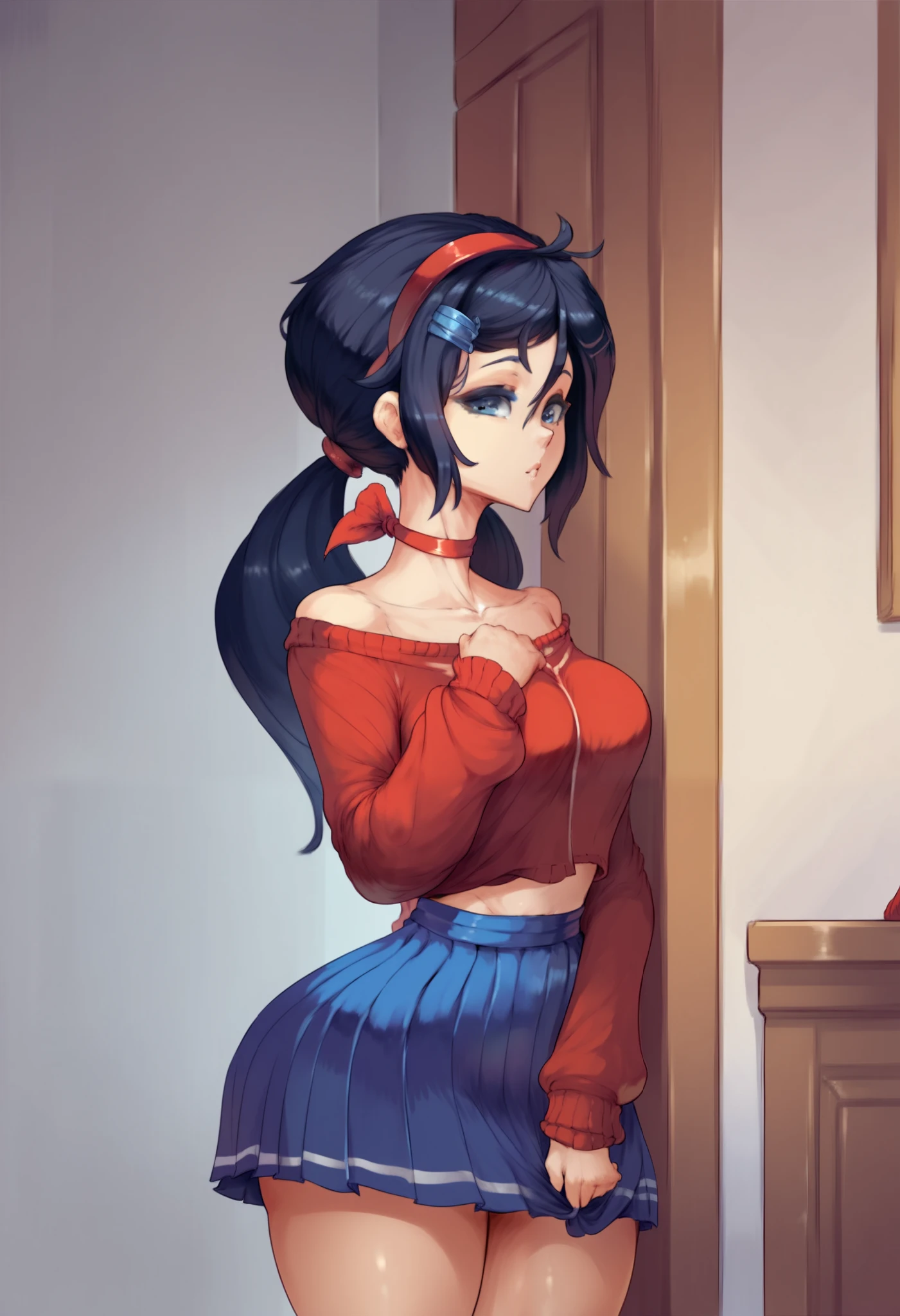 Cutesexyrobutts, dark blue eyes, dark blue hair, braids hair, red hairband, choker, red sweater, blue skirt, hair ornament