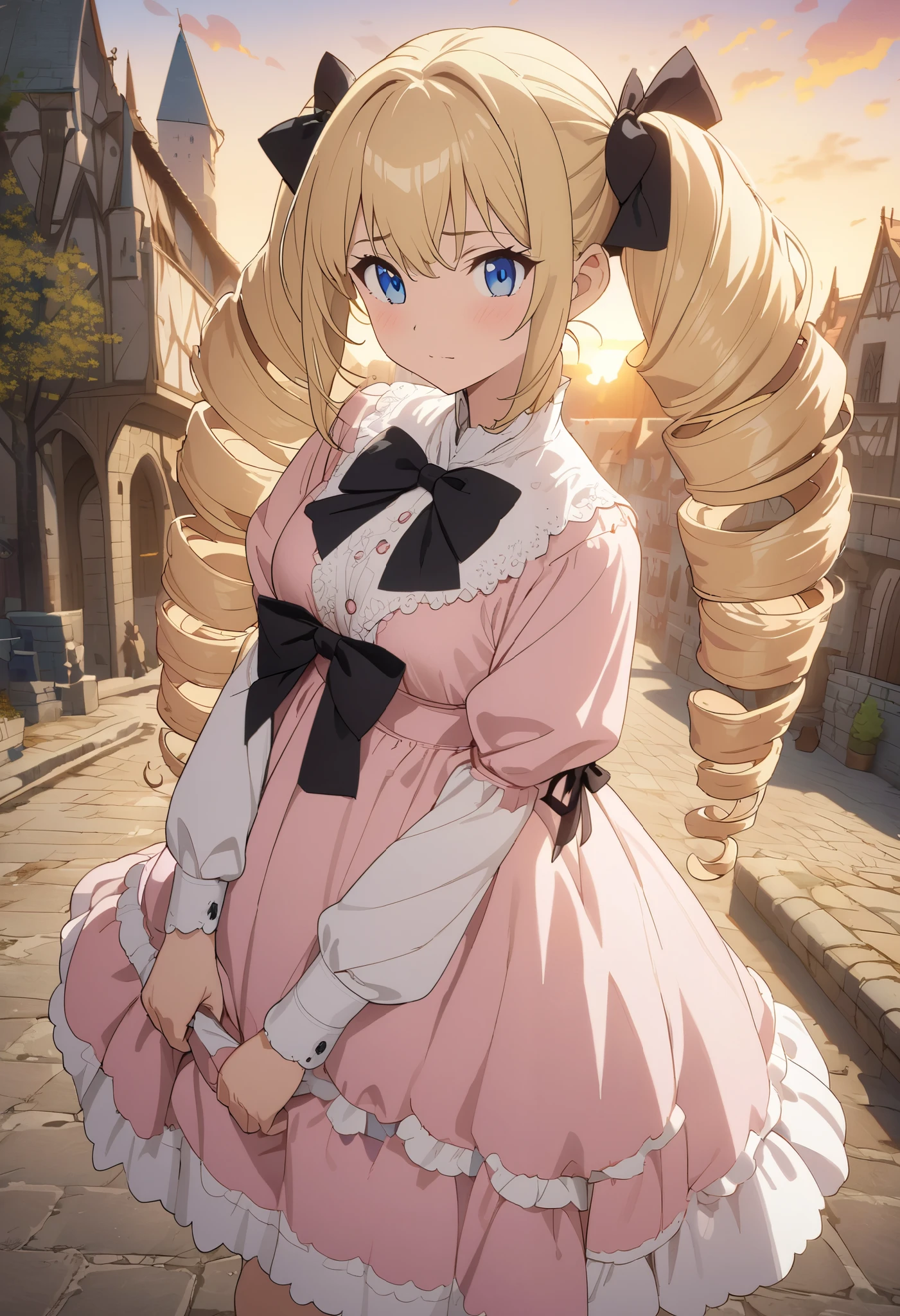 woman、 blondes、 long hair、 drill hair、stupid hair、 Twin Tails、 blue eyes、 tree eyes 、 Details、 White and Pink ta Dress 、 Large black bow on chest 、 loafers、 white socks 、sunset、medieval city background 、、Anime、 illustration、 best quality 、 Masterpiece、 Detailsな描写、, Best Hand