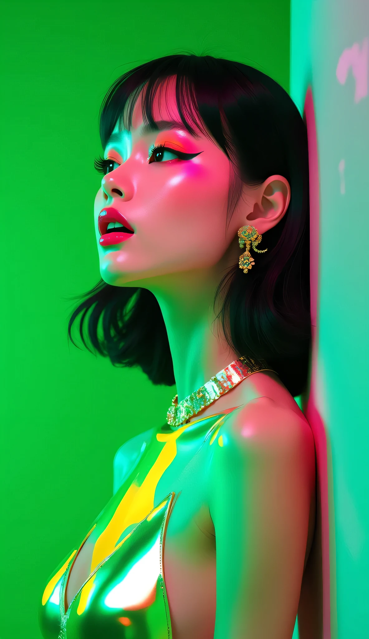 80’s glam rock makeup on shiny face, asian girl, anime, 2.5D, moody lighting, (green, pink, gold), pretty, sexy, minimal, sleek, slender, asian, elegant, futuristic, retro, sophisticated half human half machine, mouth open wide, Kizi，(eyes looking off to side), Highly detailed, Amazing work，Vitreous luster, blues, yellows, Best quality at best，shiny skin, no background, colorful background, green background, pink background, gold, background, plunging neckline, sexy pose, dynamic pose, heavy blushing, huge breasts, cleavage, full body, thigh highs, 