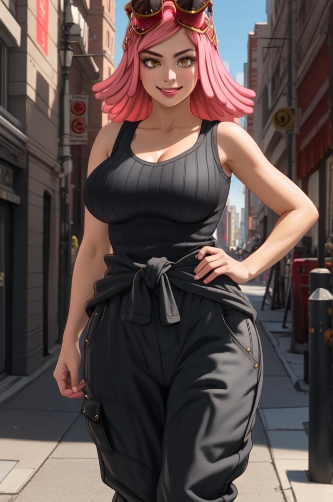 MeiS2 , 1 , Alone, pink hair,  ,   on head,  pupils in the shape of a symbol , to smile,  yellow eyes , ( big breasts:1.2),  hourglass body ,  looking at the spectator, shezfe ,  collarbone, Black Shezfe  ,  medium hair,  t-shirt,  with your mouth shut, cleavage, clothes at the waist, shirt, (pants:1.2), standing, black  t-shirt, bare shoulders,  fingerless shezfe  ,  sleeveless , black shirt,  outdoor, is,  city,  sky, buildings, neon  city, bushes, ,  hourglass body ,     wide hips ,  hourglass body , curve,  thick thighs ,
BREAK masterpiece,  best quality , detailed background , perfect lighting best quality  (( shiny skin,  shiny skin,  detailed skin)),
