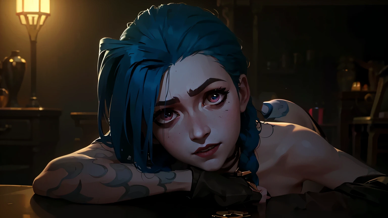 Arcane style , raw (portrait: 1.4) from (JinxLol:1.1), centered face , 1girl, (bright pink eyes: 1.7, blue hair), ( shiny body ), looks at the viewer, ( rotating machine gun ), ((Not good: 1.3, lower head :1.3, Night:1.3, frightened:1.3, terrifying:1.3, pupils constricted:1.7, crazy smile:1.6)), medium chest , arm tattoo , belly tattoo , top quality , epic (colors, гипердеталfromированная: 1.5, film: 1.4, hyperrealistic : 1.5), hyperrealistic texture, masterpiece fails, Unreal Engine 5, экстремально деталfromированные CG юниты 8k обои, beauty style, Insanely detailed photo , (ecstasy from light and shadow, deep shadow ), (Winner from the Pulitzer Prize for Photography and the Taylor Wessing Prize for Photography)