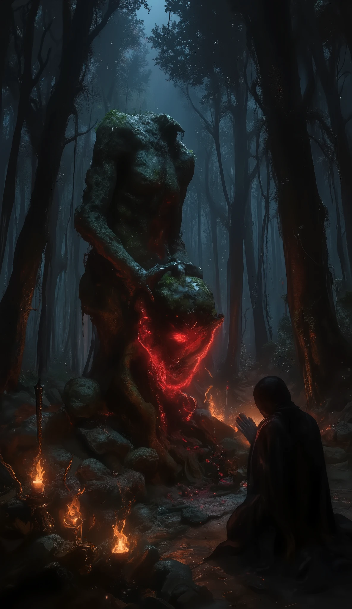 A cursed headless statue deep in the forest, the fallen head resting in its hands, its eyes emitting a frightening red light, the entire statue covered in moss and large trees, the statue being the only light shining on it in the dim forest, a terrifying aura emanating from the statue, suspicious offerings being made, a flame being lit in a suspicious candlestick, the silhouette of a mysterious witch in a black robe from behind with her hands raised to the sky in prayer