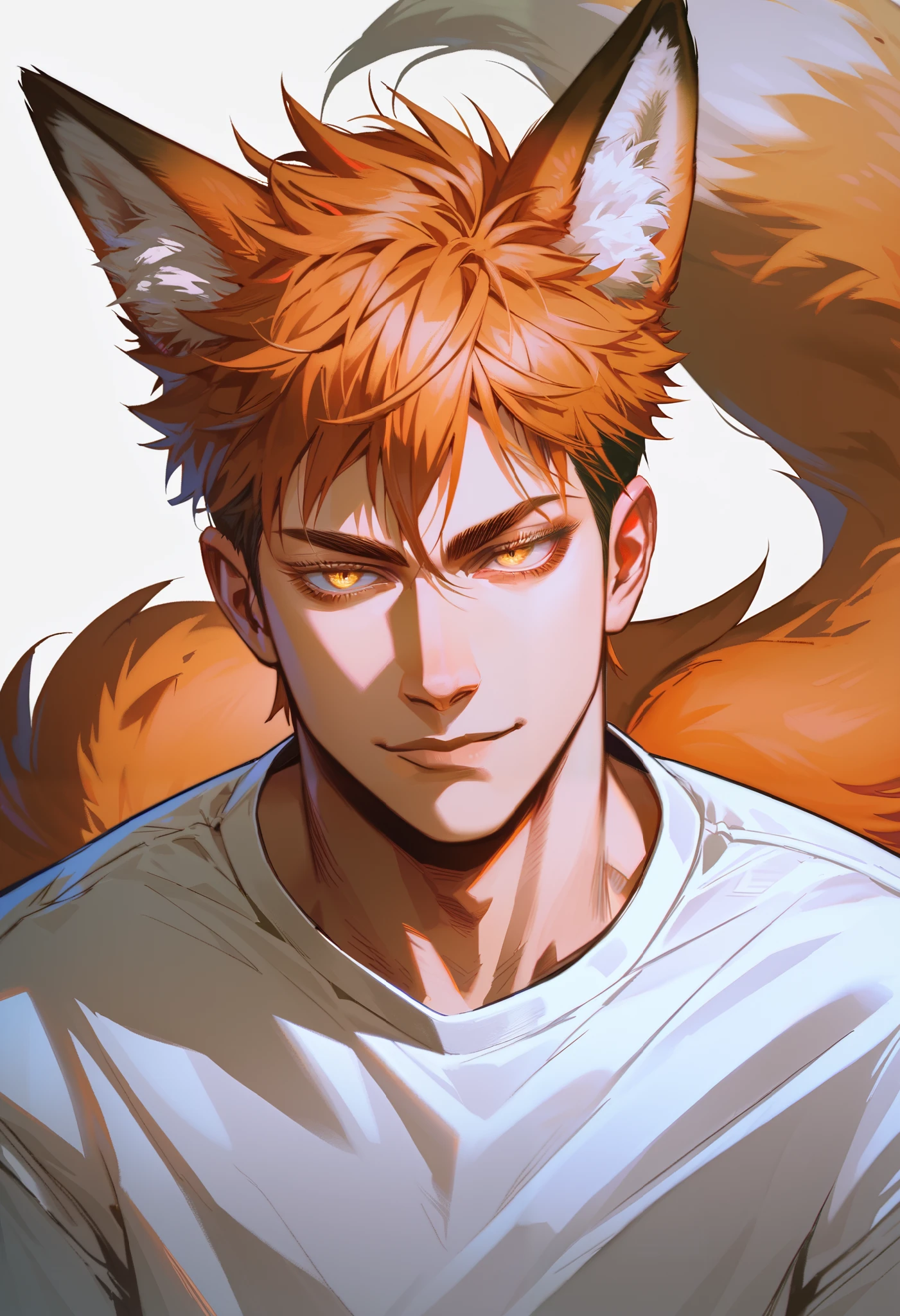 one man, fox ears, fox tail, keen eyes, simple background, booty shorts, white shirt, handsome, smirk, light muscles, messy orange short hair, yellow eyes, long lashes, hair over the ears