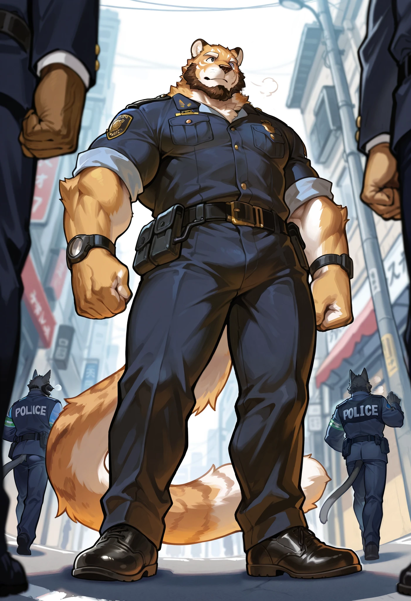 Tiger Orc Police Chief，Fluffy all over，Tall and fat，Sagging cheeks，Sly and flattering eyes，Full of smiles，Brand new exquisite police uniform，Crotch bulge，The image of a pampered bureaucrat，full-body shot，细Rich Festival，indoor environment，Warm colors，Wide-angle lens，Soft side light，Slow shutter，Confidence attitude，Symbol of power，Bureaucratic atmosphere。Rich Festival，indoor environment，Warm colors，Wide-angle lens，Soft side light，Slow shutter，confidence
