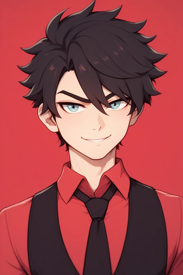 Short haired boy,  wavy black hair with red tips , Ojos rojos, Ojos rojos, Ojos rojos, wearing a long red shirt with a black tie,  and wearing a black vest over ,  black gloves, Facing the spectator,  arms at the sides, looking seriously ,  a slight smile, Serious,  little smile ,  looking at the spectator ,  Red background . 