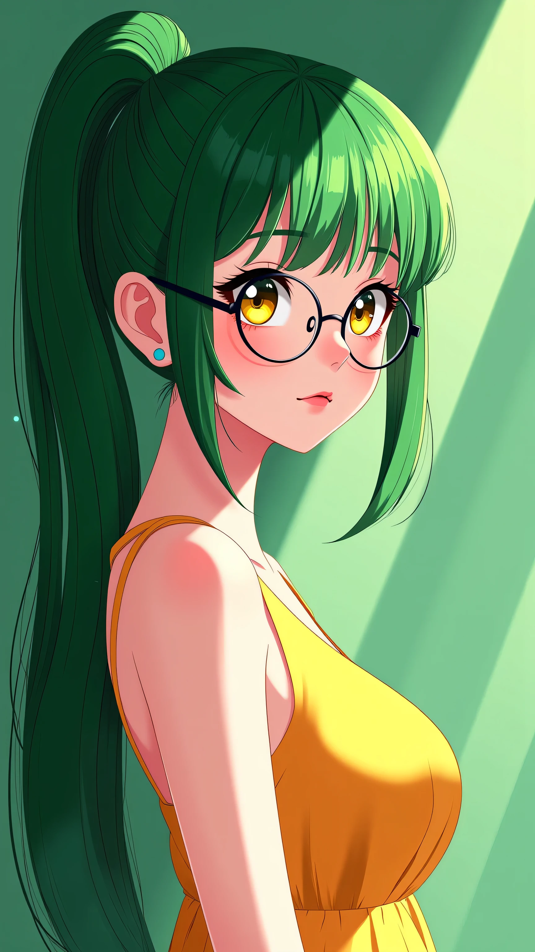 1 japanese girl, elegant erotic beautiful girl, ((long green hair with pony tail and straight bangs)), detailed face portrait, (glasses), maxi dress, adultery, indecent, vulgar, (best quality,4k,8k,highres,masterpiece:1.2),ultra-detailed,(realistic,photorealistic,photo-realistic:1.37),intricate details, delicate facial features, beautiful amber eyes, ulzzang, long eyelashes, small nose, full lips, porcelain skin, natural lighting, warm color palette, chiaroscuro lighting, dramatic shadows, sensual, alluring, mature themes, artistic, dreamlike, ethereal, sideboob, cleavage, looking at viewer, ulzzang, (amber eyes), (close up face portrait), big breasts, Kizi,(eyes looking off to side), Highly detailed, Amazing work,Vitreous luster, blues, yellows, Best quality at best,shiny skin, no background, colorful background, green background, pink background, gold, background, plunging neckline, sexy pose, dynamic pose, heavy blushing, huge breasts, cleavage, full body, thigh highs,