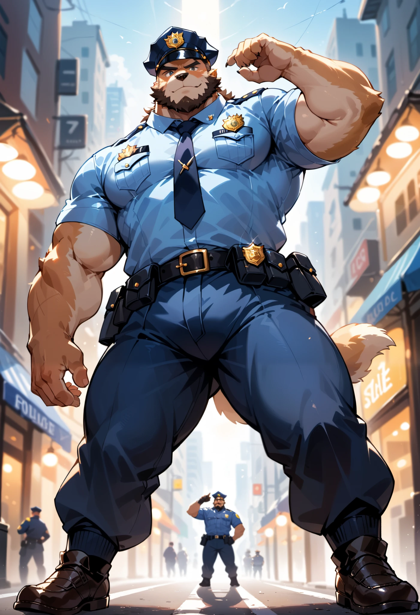 rating_safe, score_9, score_8_up, score_7_up, score_6_up, score_5_up, score_4_up, highres, source_furry, cover page, angelic nice 1boy, kemono, solo focus, muscle man, beard, furry anthro, full body(dignified)police officer, SWAT, street, muscle, facial hair, volumetric lighting, depth of field, gasping for air, raised crotch, black clothes, black police uniform, shirt, from below,