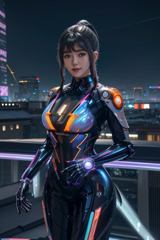 Cybernetic arm and glowing cyber girl,(Sheer and revealing costumes:1.3, )Stand on a post-apocalyptic battlefield cityscape.Surrounded by a network of wires. Surrounded by a web of circuits. (Cyber Girl with Orange Glowing Sword:1.3), Glossy light brown and orange striped shorthair,Cute smile,Perfect round face,A cheerful smile that makes the viewer happy,Proper body proportion,masutepiece,Super high-quality output images,hight resolution,Intricate details,Very delicate and beautiful hair,photos realistic,Dreamy,Professional Lighting,realistic shadow,Solo Focus,Beautiful hands,Beautiful fingers,Detailed finger features,detailed clothes features,Detailed hair features,detailed facial features,