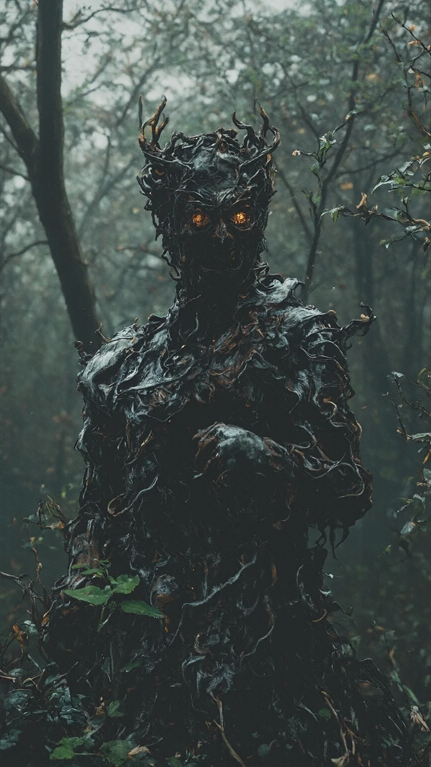 best composition, Cursed Statue in the Deep Forest, unsettling, ominous, surrealistic, elaborate details