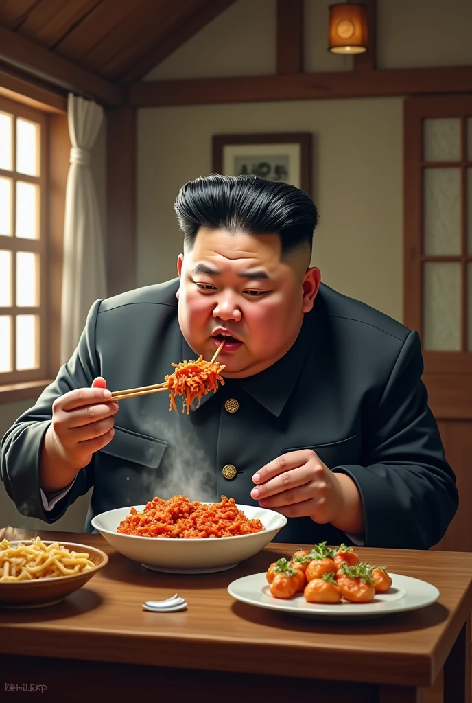 Kim Jong-un enjoying delicious meat。
Kim Jong-un with a happy smile