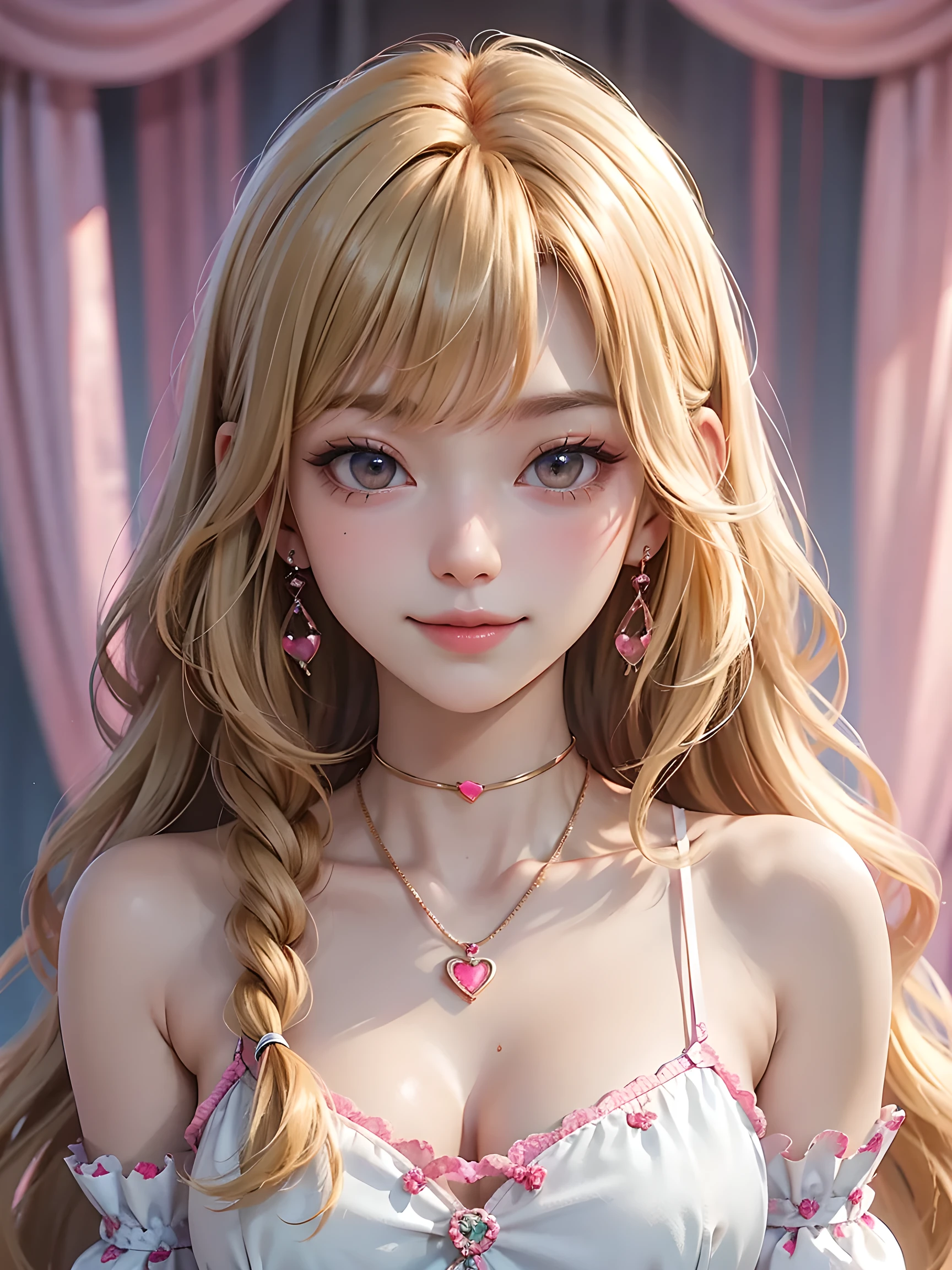 1 girl,high resolution, high quality, masterpiece, mxmk white dress, bare shoulders, purple eyes, white dress, braid，gold eye shadow，Dark red pupils，whole body，Dynamic sense
