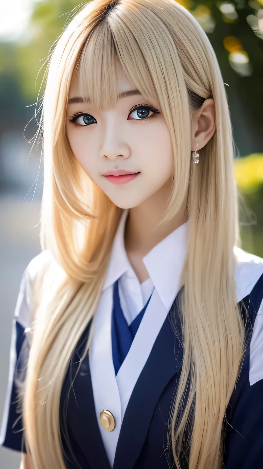 1 girl、 Japanese 、 school uniform、blue sky、 bright and very beautiful face 、young, shiny white skin 、Great looks、 blond hair that reflects light brightly 、Beautiful blonde with super long silky straight hair、 long bangs、Extremely beautiful old 、 big eyes with sparkling transparent black color 、 beautiful adorable beautiful girl
