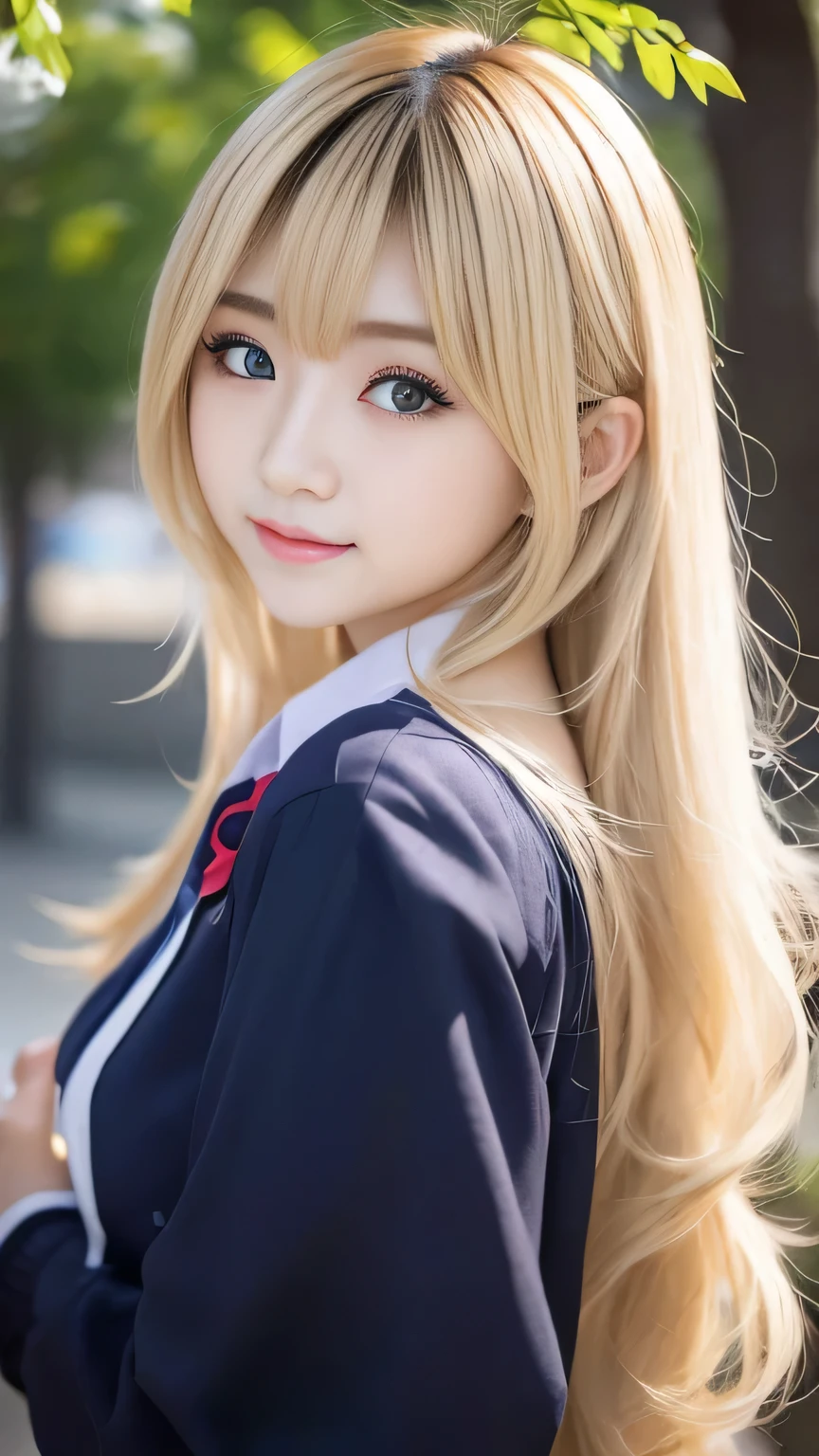 1 girl、 Japanese 、 school uniform、blue sky、 bright and very beautiful face 、young, shiny white skin 、Great looks、 blond hair that reflects light brightly 、Beautiful blonde with super long silky straight hair、 long bangs、Extremely beautiful old 、 big eyes with sparkling transparent black color 、 beautiful adorable beautiful girl