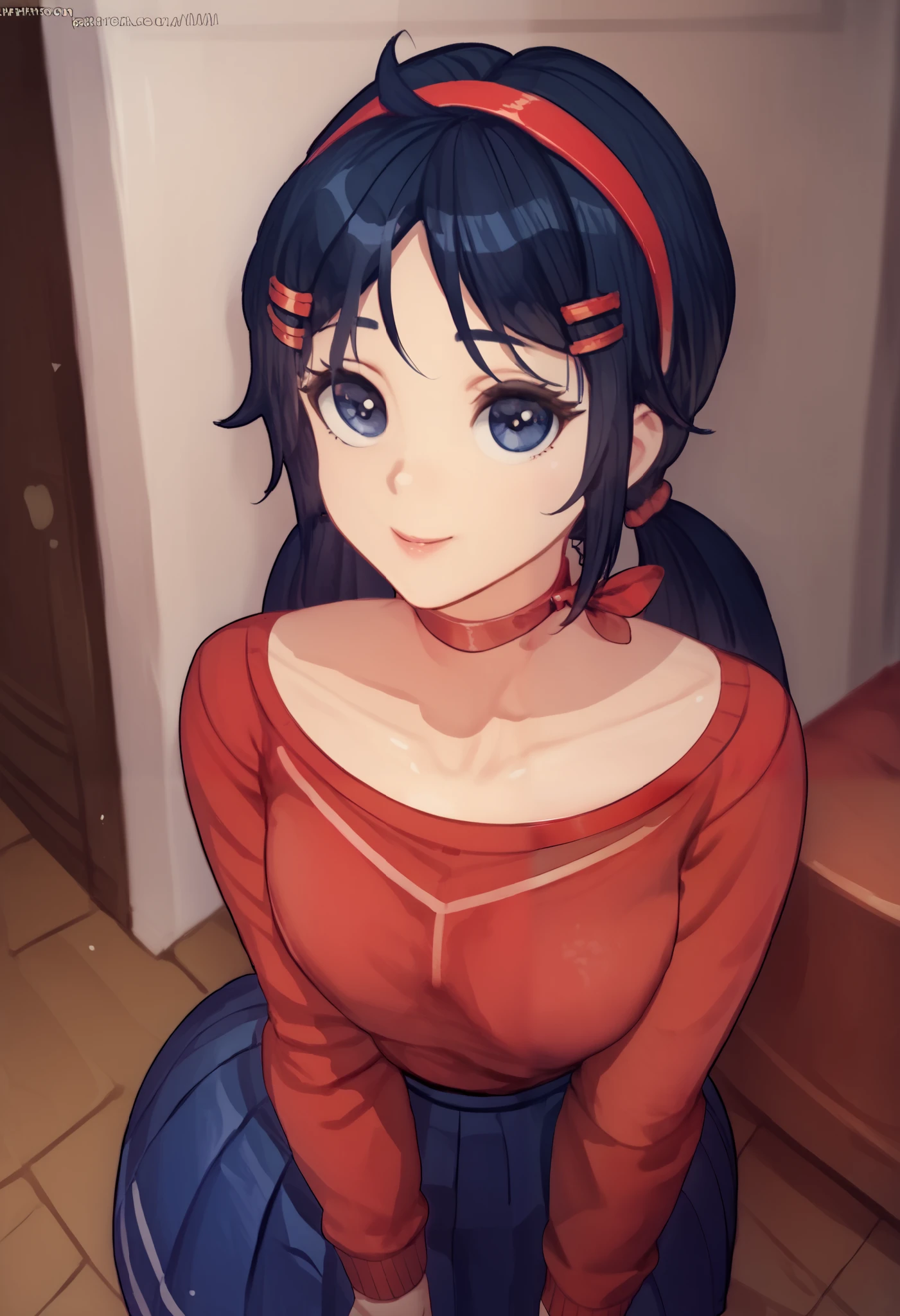 Mmkun3, dark blue eyes, dark blue hair, braids hair, red hairband, choker, red sweater, blue skirt, hair ornament