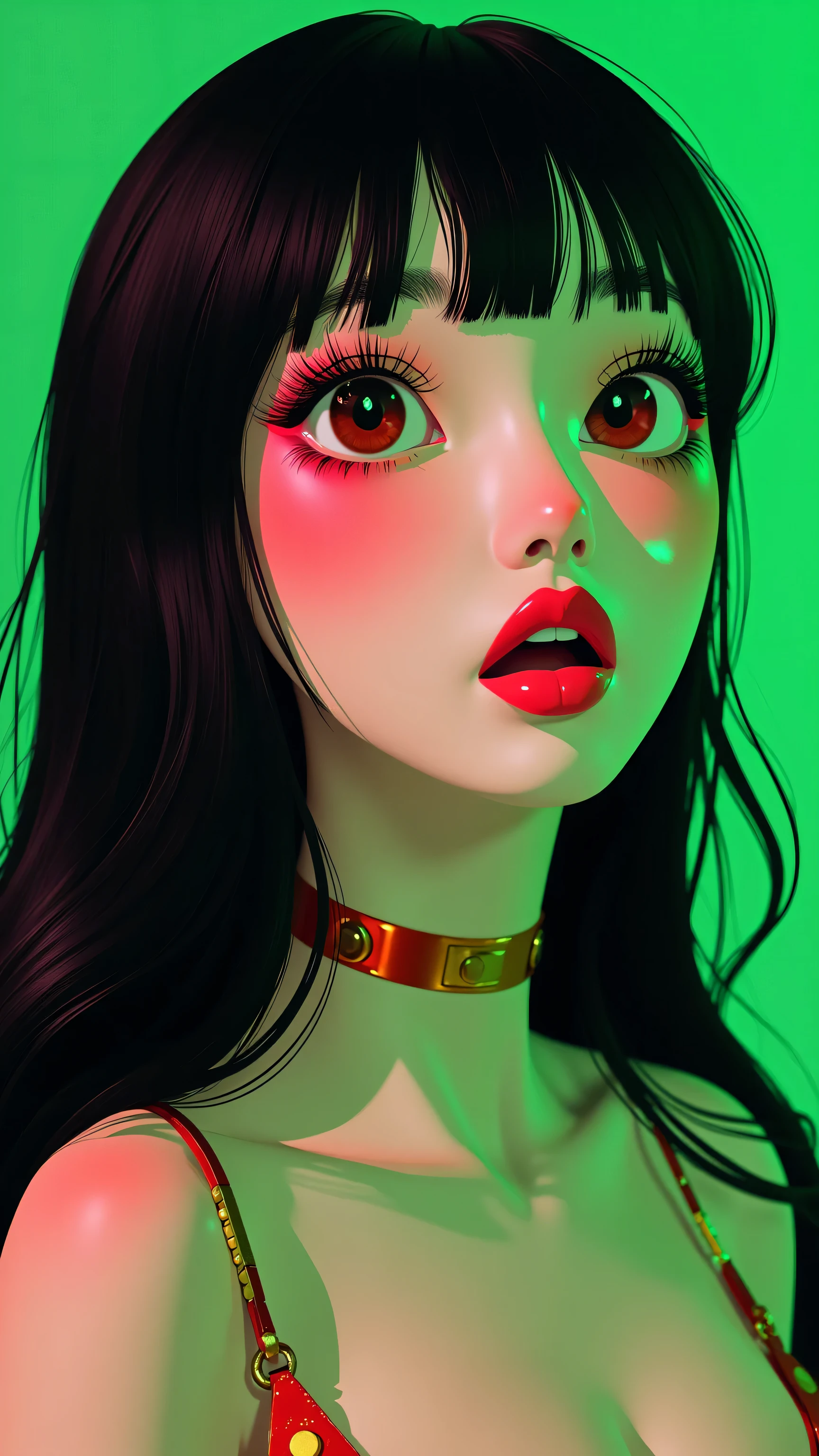 80’s glam rock makeup on shiny face, asian girl, anime, 2.5D, moody lighting, (green, pink, gold), pretty, sexy, minimal, sleek, slender, asian, elegant, futuristic, retro, sophisticated half human half machine, mouth open wide, Kizi,(eyes looking off to side), Highly detailed, Amazing work,Vitreous luster, blues, yellows, Best quality at best,shiny skin, no background, colorful background, green background, pink background, gold, background, plunging neckline, sexy pose, dynamic pose, heavy blushing, huge breasts, cleavage, full body, thigh highs,