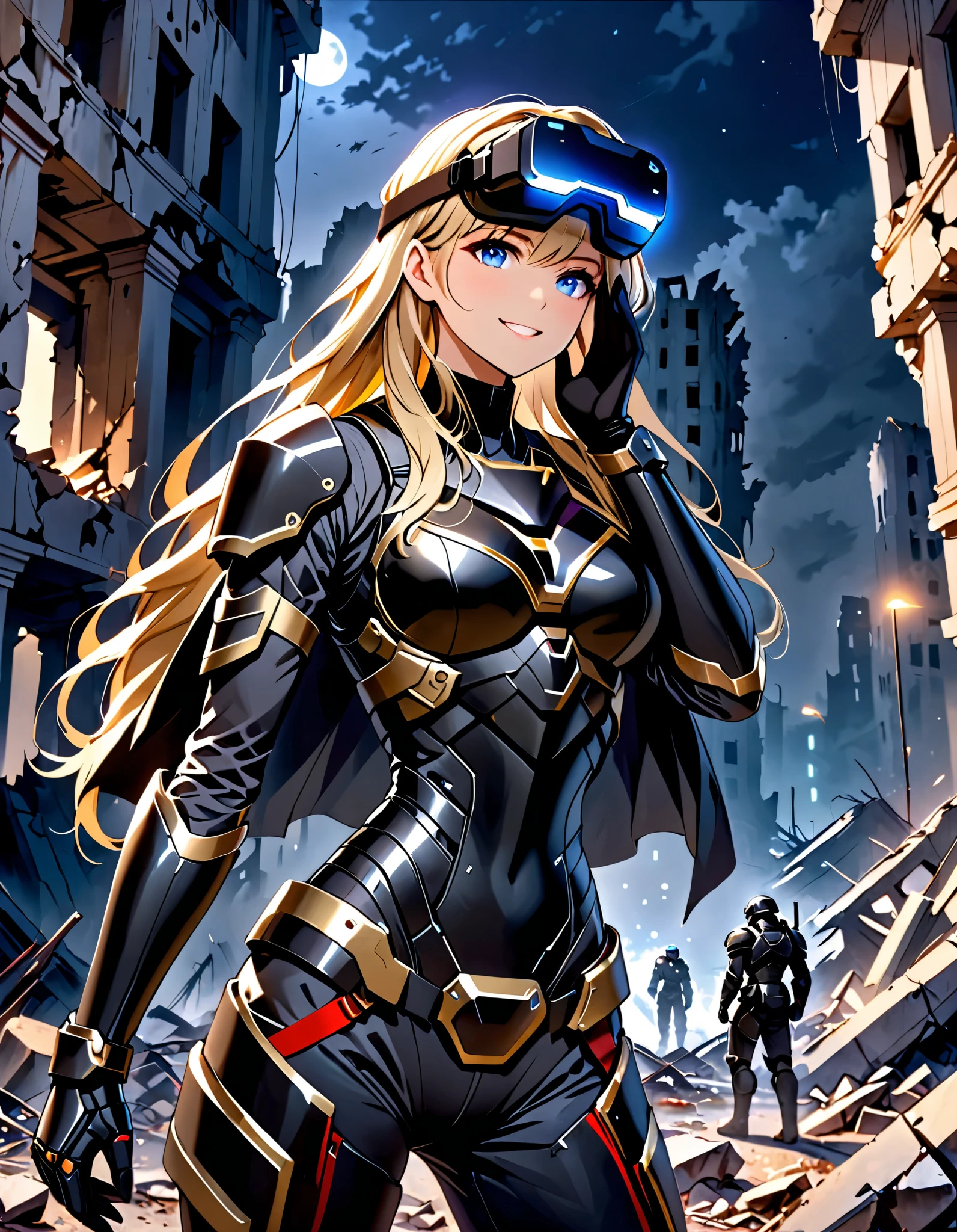 solo, female, sfw, medium shot, Russian woman, six-foot-tall woman, blue eyes, blonde, long hair, black uniform, ((black armor)), black cape, gold trim, red trim, muscular, ruins, smile, military cap, one hand on face, yandere pose, baggy breeches, broad shoulders, night, looking at viewer, futuristic, head-mounted display, display covering eyes, full body shot, ruins, war zone, cyborg