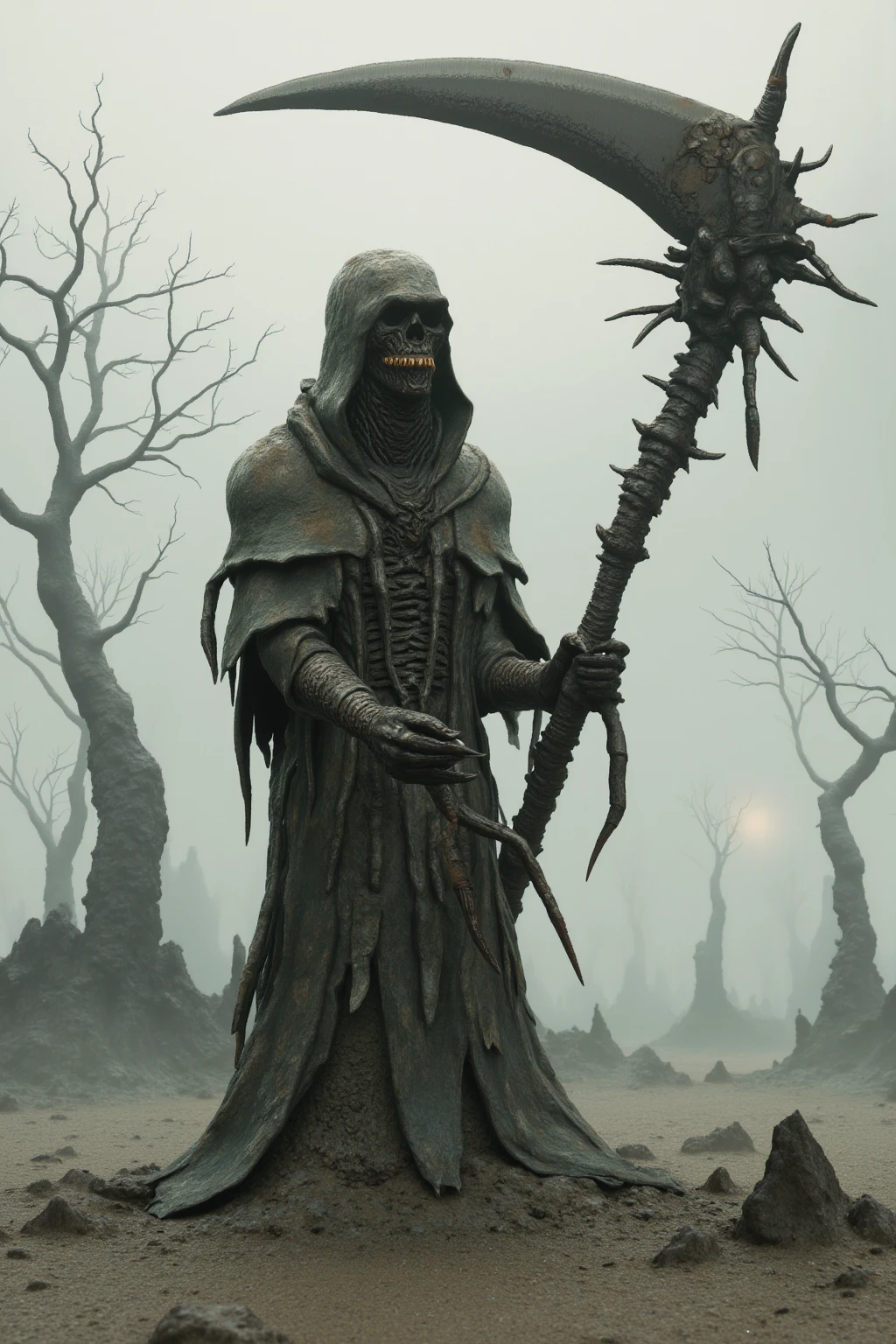 A cursed statue deep in the forest, leprous barren trees encircle a statue of the Grim /Reaper (skeletal, creepy)