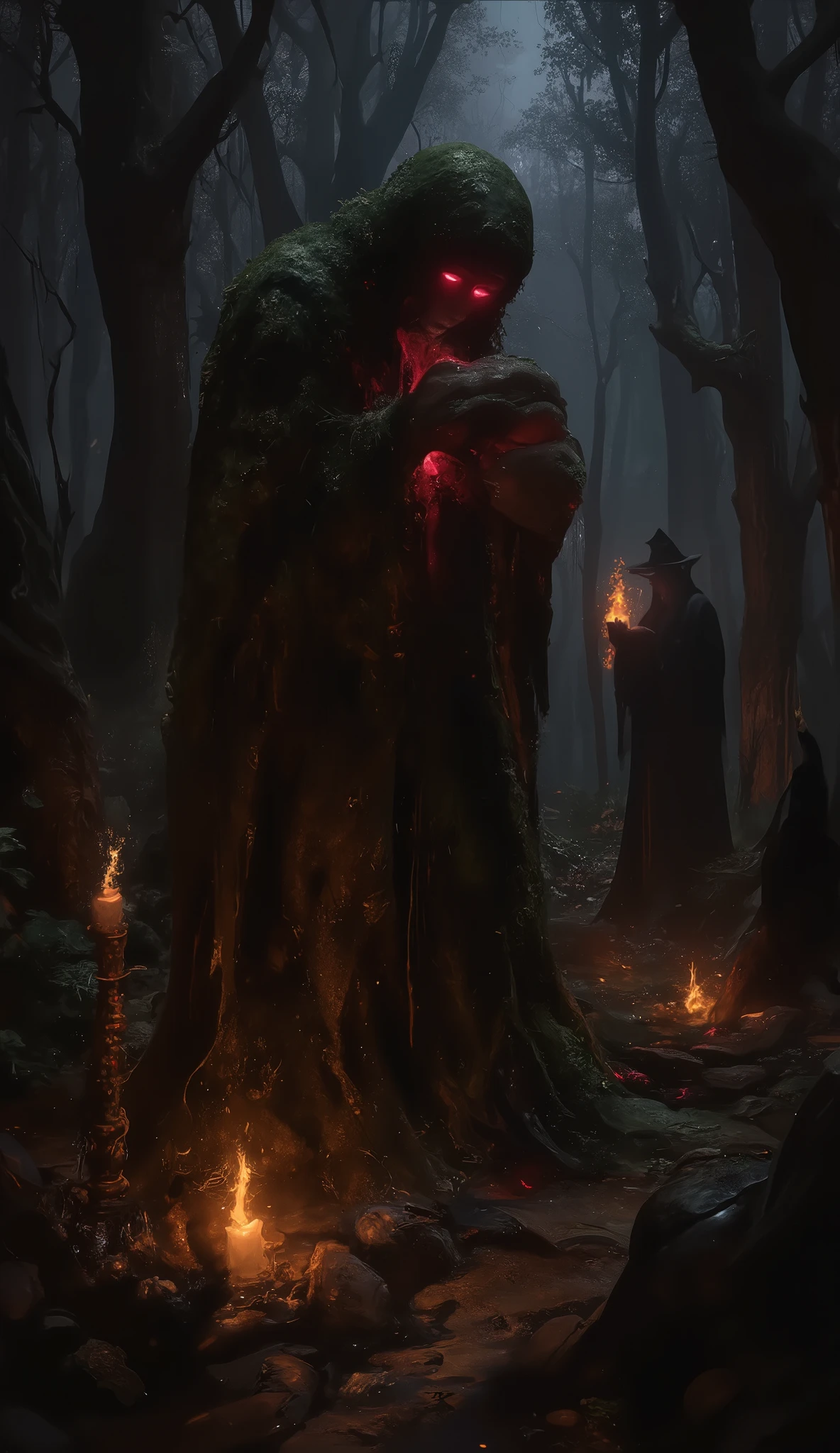 A cursed headless statue deep in the forest, the fallen head resting in its hands, its eyes emitting a frightening red light, the entire statue covered in moss and large trees, the statue being the only light shining on it in the dim forest, a terrifying aura emanating from the statue, suspicious offerings being made, a flame being lit in a suspicious candlestick, the silhouette of a mysterious witch in a black robe from behind with her hands raised to the sky in prayer