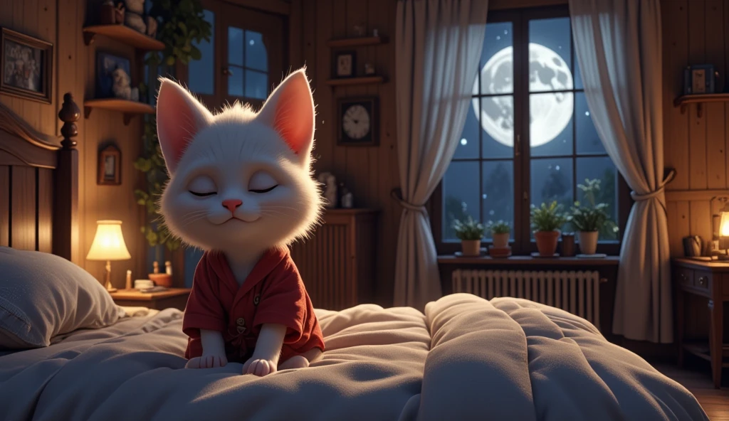 A wide angle view of cozy bedroom at night, lit by soft moonlight streaming through a window. Fluffy sleeps peacefully. The setting is warm and inviting, with a teddy bear sitting innocently on a wooden shelf."Fluffy (White Kitten):
"A cute, fluffy white kitten wears a red bathroom robe, and her fur is smooth and well-groomed, giving her a playful, innocent vibe. Rendered in 3D 