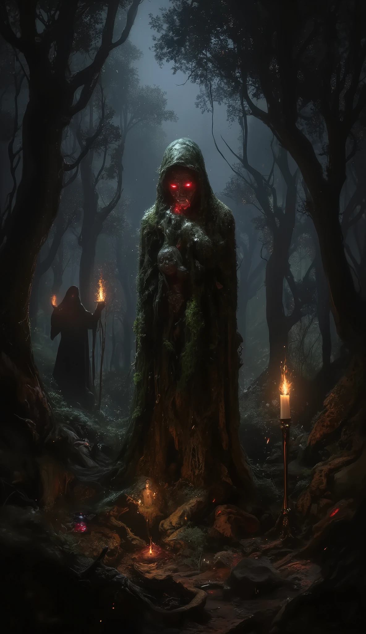 A cursed headless statue deep in the forest, the fallen head resting in its hands, its eyes emitting a frightening red light, the entire statue covered in moss and large trees, the statue being the only light shining on it in the dim forest, a terrifying aura emanating from the statue, suspicious offerings being made, a flame being lit in a suspicious candlestick, the silhouette of a mysterious witch in a black robe from behind with her hands raised to the sky in prayer