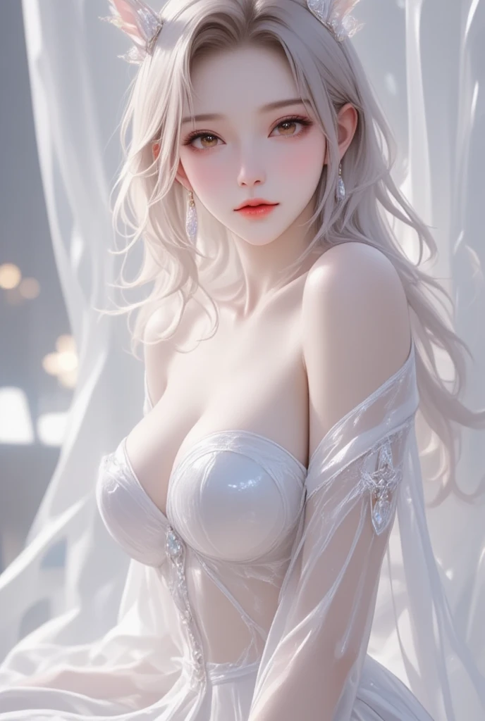 best qualityer，8K， tmasterpiece， A high resolution， 1girll， Clear silk porcelain dress， Fur coat， hair adornments， ssmile， Keep one's mouth shut， cparted lips，Large breasts，Shoulder， shift dresses， hair adornments， choker necklace， jewely， Chinese outfit， long whitr hair， 耳Nipple Ring， Detailed beautiful eyes， detailed eyelashes， beautiful  face，after sexing_Body， Tyndall effect，realisticlying， edge lit， twotonelighting，（highdetailskin：1.2）， 8K, Ultra HD， digital SLR camera， gentle illumination， high high quality， Volumetriclighting， Frankness， photore， A high resolution， Bokeh， at a forest， Falling snow， Winters， in the afternoon