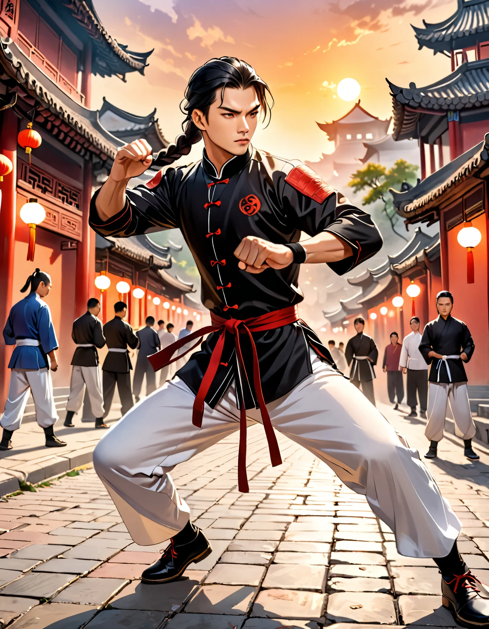 masterpiece, best quality, solo, solo focus, 8k,black hair, long hair, braid, chinese male ponytail hair, combed back hair, green eyes, stoic expression, mainland china, male, martial artist, male focus, traditional kung fu stance, Tai Chi uniform, white pants, danger atmosphere, chinese village, street, sunset, fighting fingerless gloves, leather shoes, outdoors, afternoon, full body costume design, dutch angle, action scene, (shoulder armor:1.1).