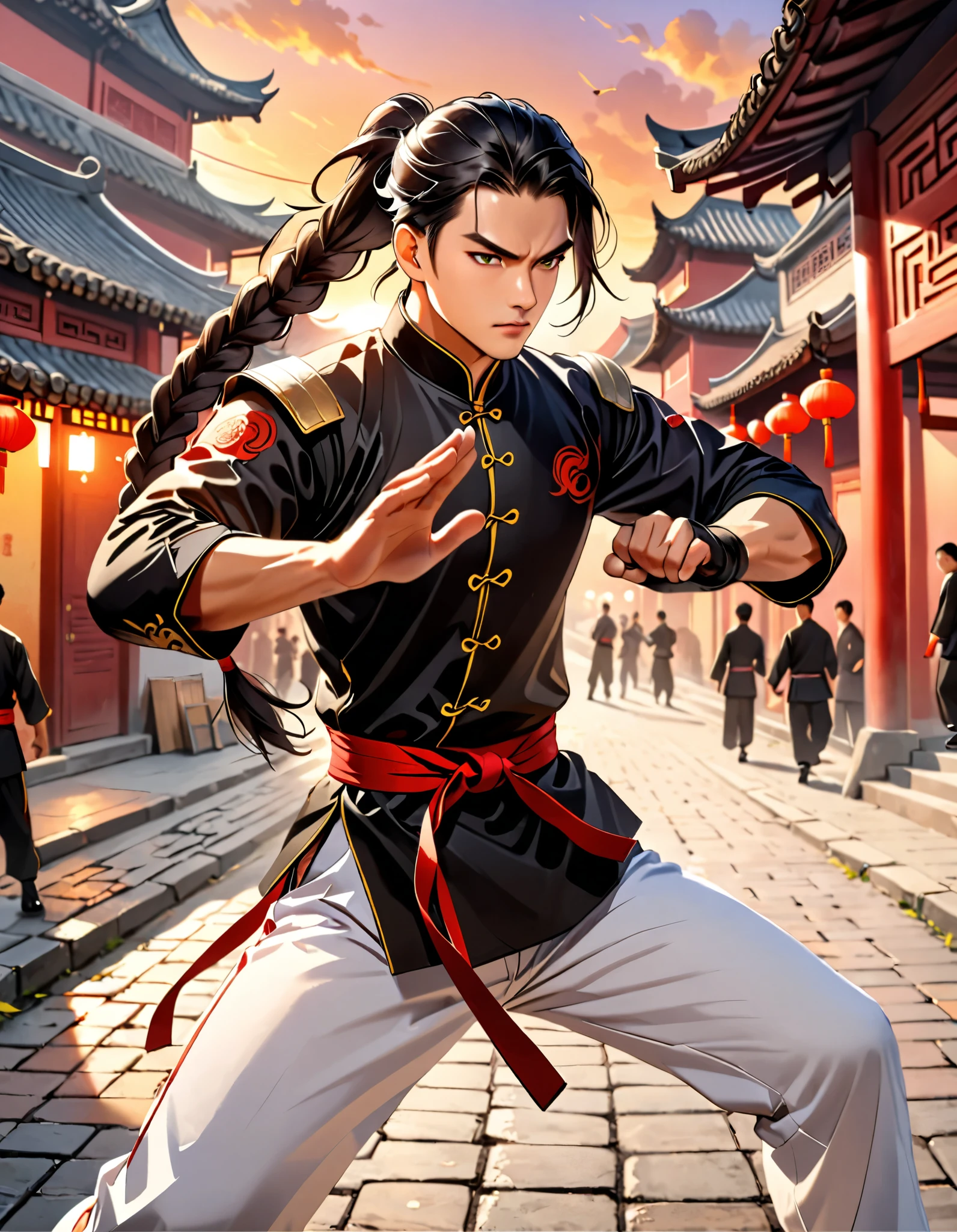 masterpiece, best quality, solo, solo focus, 8k,black hair, long hair, braid, chinese male ponytail hair, combed back hair, green eyes, stoic expression, mainland china, male, martial artist, male focus, traditional kung fu stance, Tai Chi uniform, white pants, danger atmosphere, chinese village, street, sunset, fighting fingerless gloves, leather shoes, outdoors, afternoon, full body costume design, dutch angle, action scene, (shoulder armor:1.1).