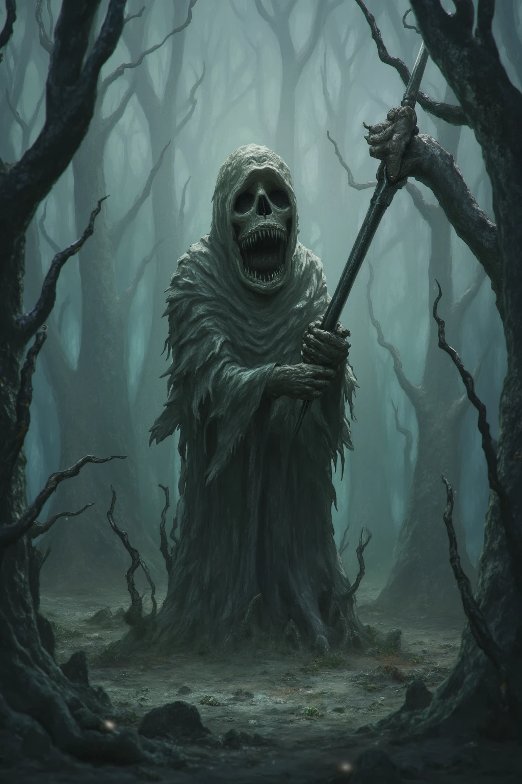 A cursed statue deep in the forest, leprous barren trees encircle a statue of the Grim /Reaper (skeletal, creepy)