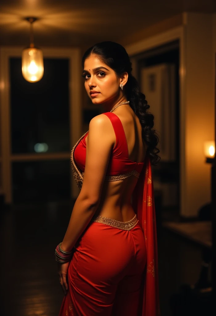 In a dimly setting, A naughty and curvaceous light fair skin tone 40-year-old woman in exposing attire, wearing elegant saree, wearing shorts, side view