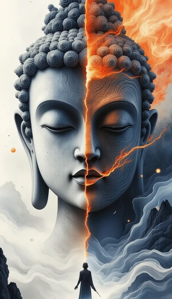 look up,BDO Art ,&References; giant silent sculpture of the head of tathagata&References; and a tiny human , giant ,Has the avatar of Buddha with Mysterious power, alien or unknown origin ,manufacturer,Mysterious power
,extreme、 unusual or unpredictable qualities , giant ,closure,Shut up,Inspired by Sci-Fi Movie《dune》,The contrast between giant and tiny is presented with the ultimate visual aesthetics and music:An almost god-like &References;Buddha'Head&References;, vast desert environment ,Mega buildings、 giant 几何线条, all highlight the smallness of humans and the infinity of the universe .。Fog background,Movie, Epic Graphics ,grand,Little humans