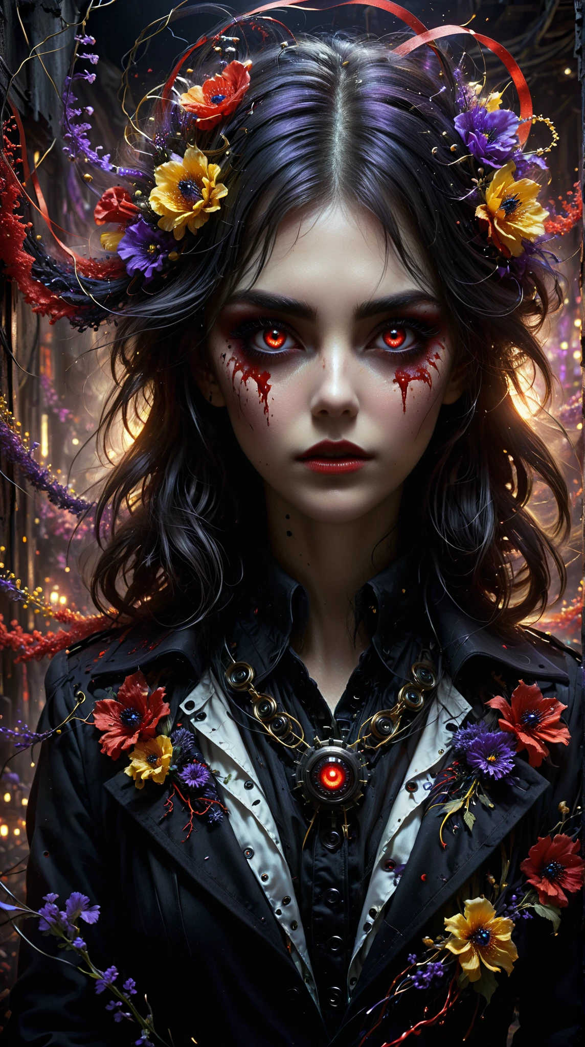  A detailed work of art ， portrays a character named Rebecca ， with the beauty of electrical fantasy 。 She is a skilled handywoman ， has black eyes ，Electrical Apparel ， Blood flowing from her eyes ， There are colored ribbons on her face ， Black red and purple eyes ， creating a terrifying appearance 。 She wears a dark coat ， decorated with colorful floral embroidery ， Scary face ， and unique eyelet on the ankle 。 She shows a noticeable red eye and a white iris eye， Yellow Eyes。 She shows a terrifying expression ， Machine Eyes and red ribbons 。