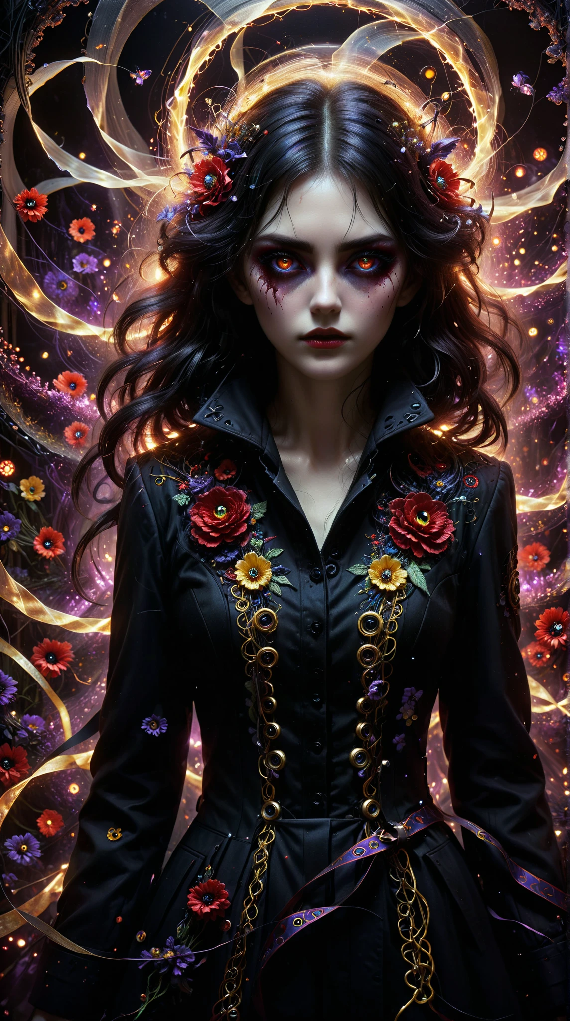  A detailed work of art ， portrays a character named Rebecca ， with the beauty of electrical fantasy 。 She is a skilled handywoman ， has black eyes ，Electrical Apparel ， Blood flowing from her eyes ， There are colored ribbons on her face ， Black red and purple eyes ， creating a terrifying appearance 。 She wears a dark coat ， decorated with colorful floral embroidery ， Scary face ， and unique eyelet on the ankle 。 She shows a noticeable red eye and a white iris eye， Yellow Eyes。 She shows a terrifying expression ， Machine Eyes and red ribbons 。