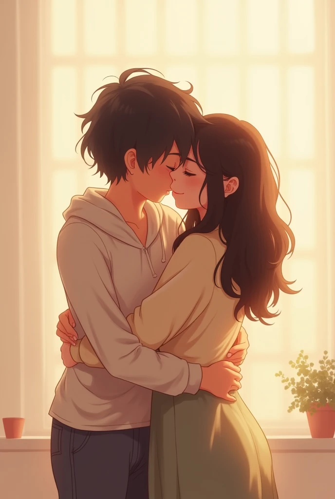 young boy and woman are cuddling, on the bed, woman is smiling happily with eyes closed, The man's eyes are hidden by his bangs