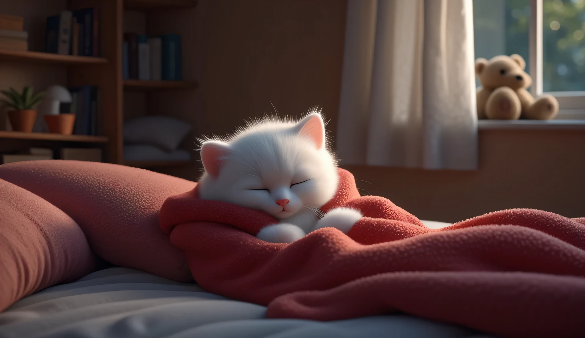 A wide angle view of cozy bedroom at night, lit by soft moonlight streaming through a window. Fluffy sleeps peacefully. The setting is warm and inviting, with a teddy bear sitting innocently on a wooden shelf."Fluffy (White Kitten):
"A cute, fluffy white kitten wears a red bathroom robe, and her fur is smooth and well-groomed, giving her a playful, innocent vibe. Rendered in 3D 