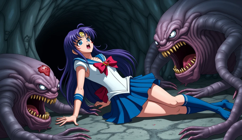 ((highest quality)), ((masterpiece)), (detailed), (Perfect Face)、The woman is Sailor Mercury, wearing an alien dress, with short blue hair and a completely alien body.、The woman happily embraces the powerful alien king and has sex with him, inserting his genitals into her vagina and ejaculating a large amount.
